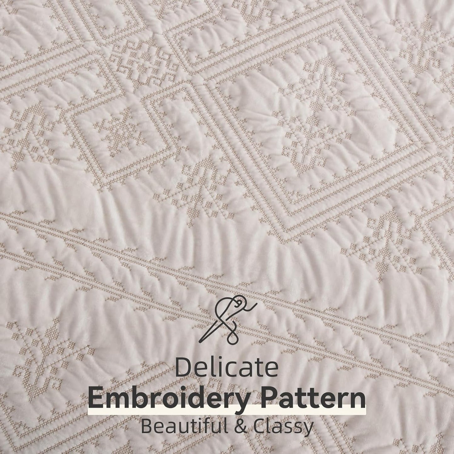 Yvooxny 3-Piece Quilt Set Queen Size Velvet Embroidery Quilted Bedspread Coverlet Set Bedding Set with Pillowcases for All Seasons, White, 98 * 90 Inches