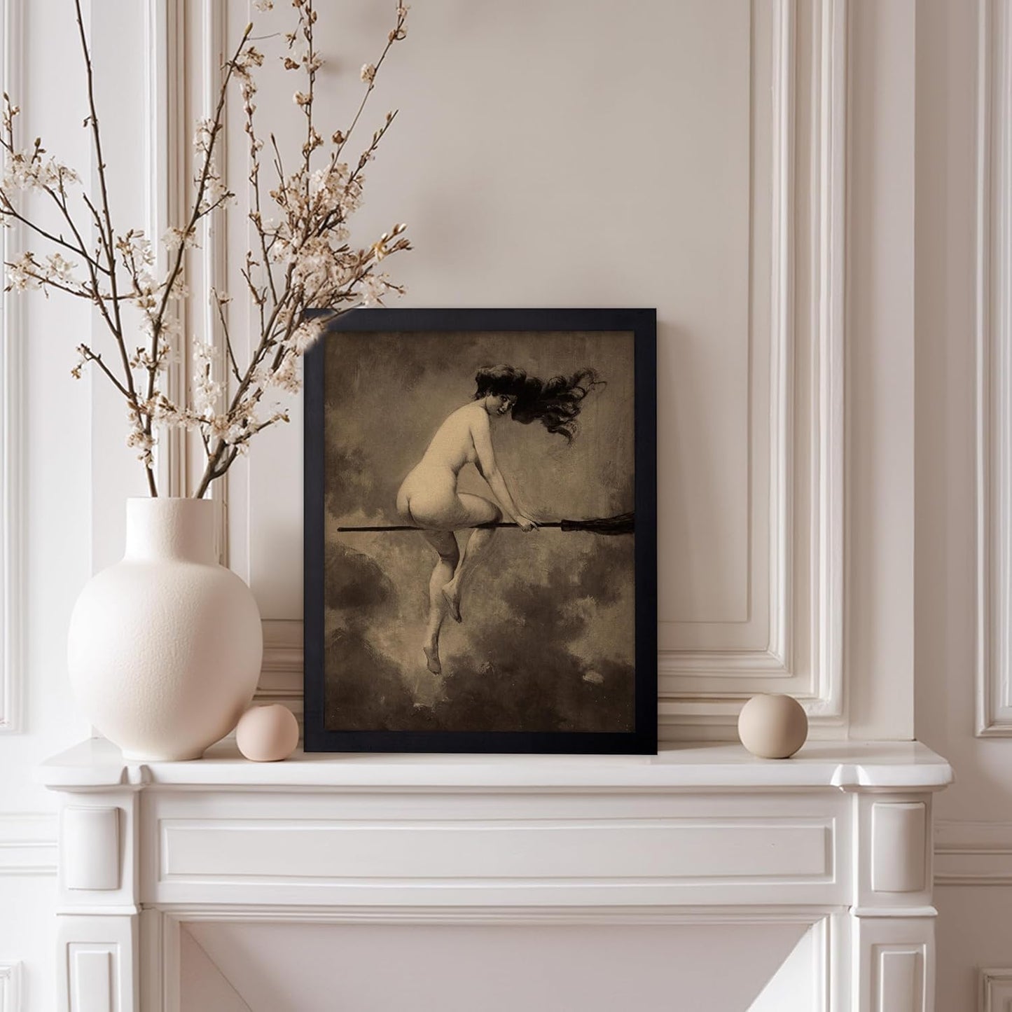 Poster Master Vintage Albert Joseph Penot Poster - Retro Halloween Print - Gift for Artist, Friend - Departure for the Sabbath, Naked Witch on Broom - Wall Decor for Bedroom, 8x10 Black Framed