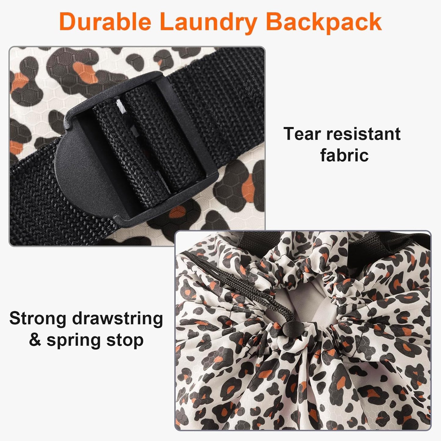 Laundry Bag Backpack Durable Laundry Bag with Shoulder Straps and Mesh Pockets Portable Laundry Dirty Clothes Hamper Bag for College Dorm (Leopard Print)