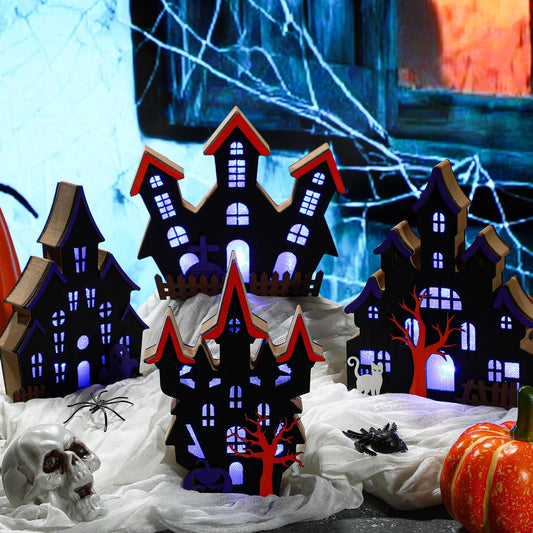 Bucherry 4 Pack Halloween Table Haunted House Decor Lighted Wooden Village Ghost House 3D Tabletop Decorations for Halloween Indoor Home Kitchen Desk Gift(New Style)