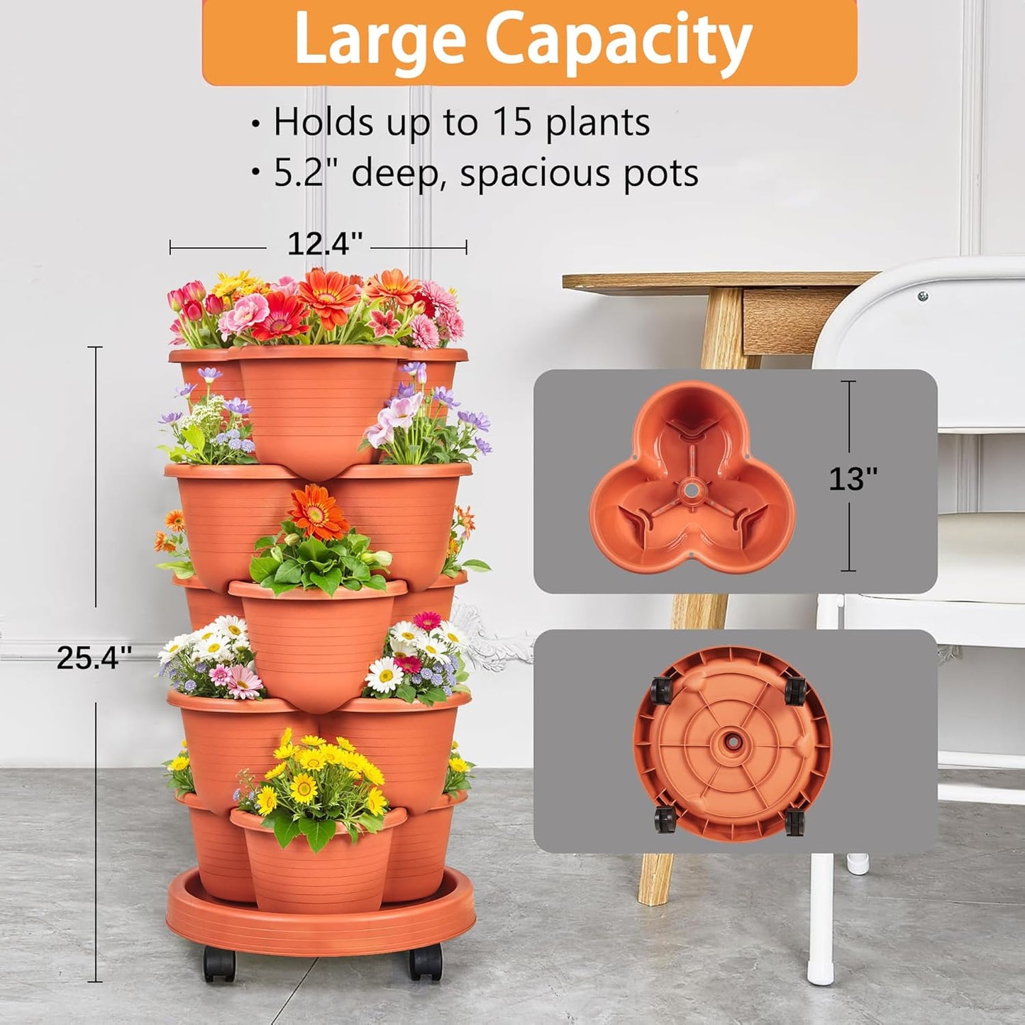 VECELO 5 Tier Vertical Garden Planter, Self Watering Stackable Planters with Wheels for Strawberries, Herbs, Flowers, Vegetables, Red