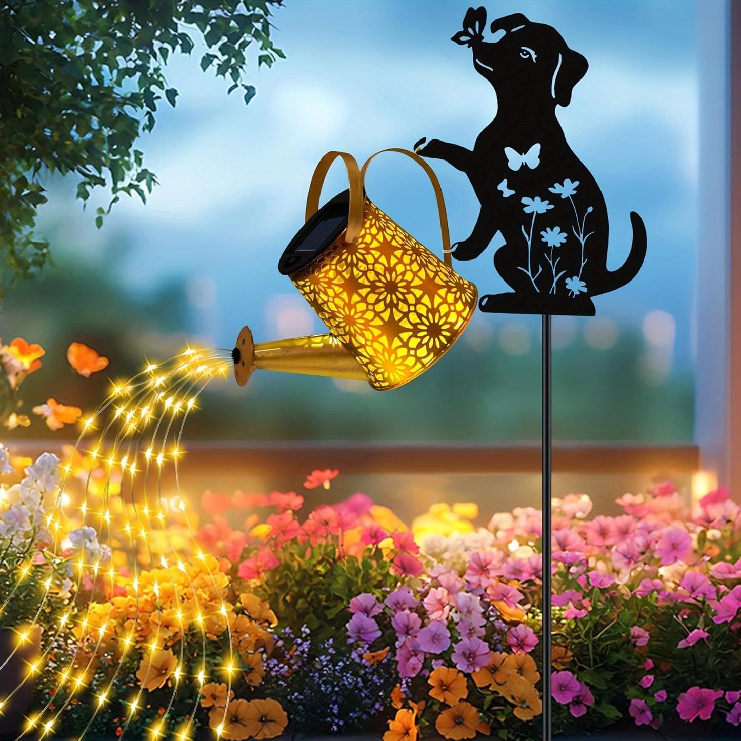 Solar Lights Outdoor Decorative, Watering Can with Cascading Lights, with Dog Silhouette Garden Stakes, Waterproof Metal Garden Decor for Yard Art, Outside, Patio, Lawn Ornaments(1 Pack)