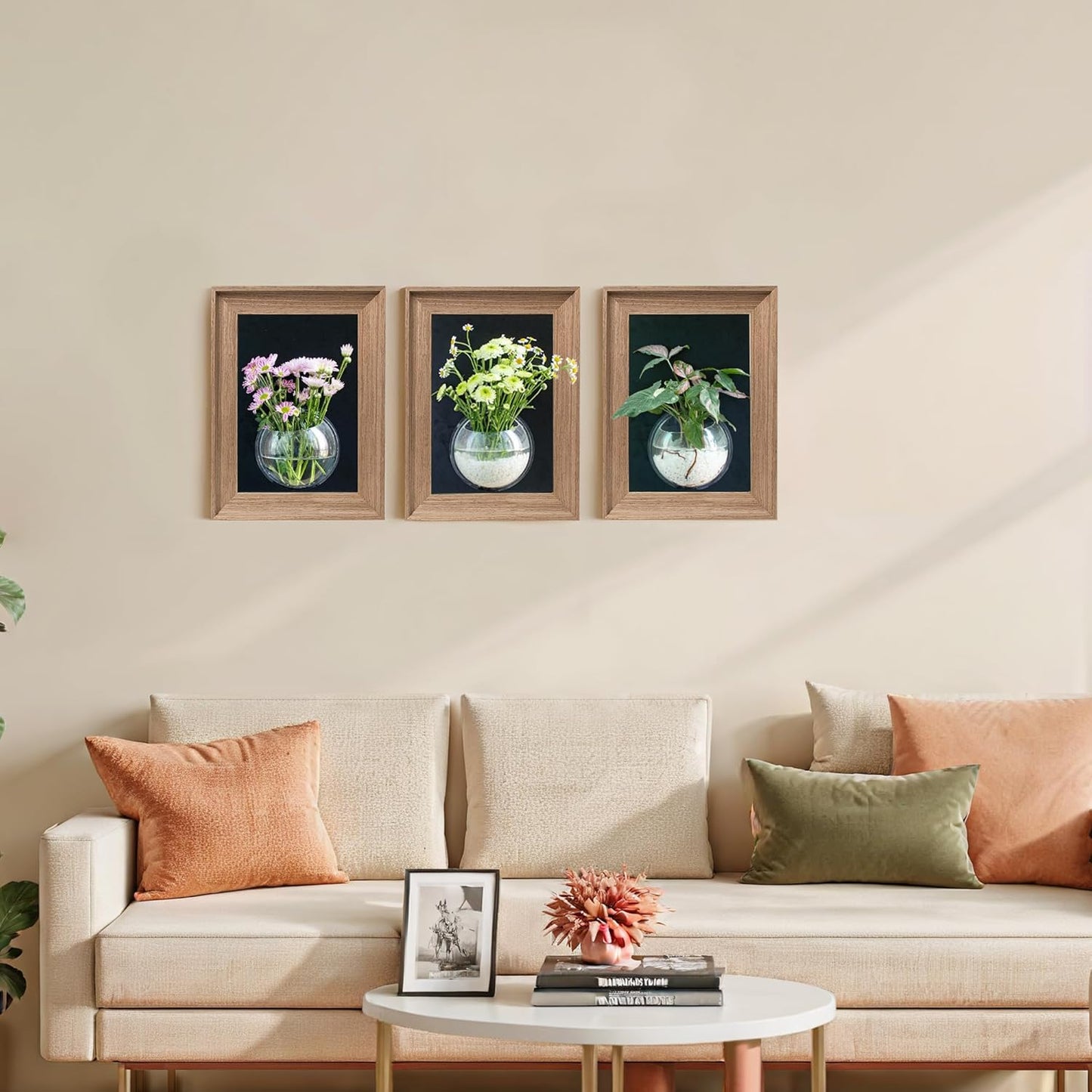 Walnut Wooden Frame Wall Hanging Planter for Hydroponic Plants，12'' x16''inch Wall Vase with Oblate-Shaped Acrylic Propagation Station，Bathroom, Office, or Living Room Decor, Set of 3