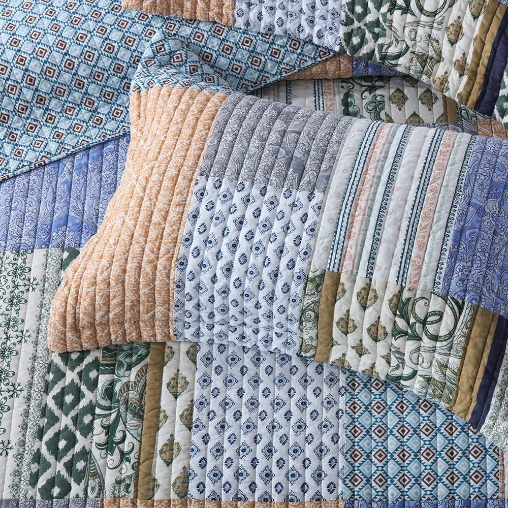 Cotton Bedspread Quilt Sets 3 Pieces Reversible Coverlet Sets Comforters Blue Bohemian Paisley Patchwork Bedspread, King Size