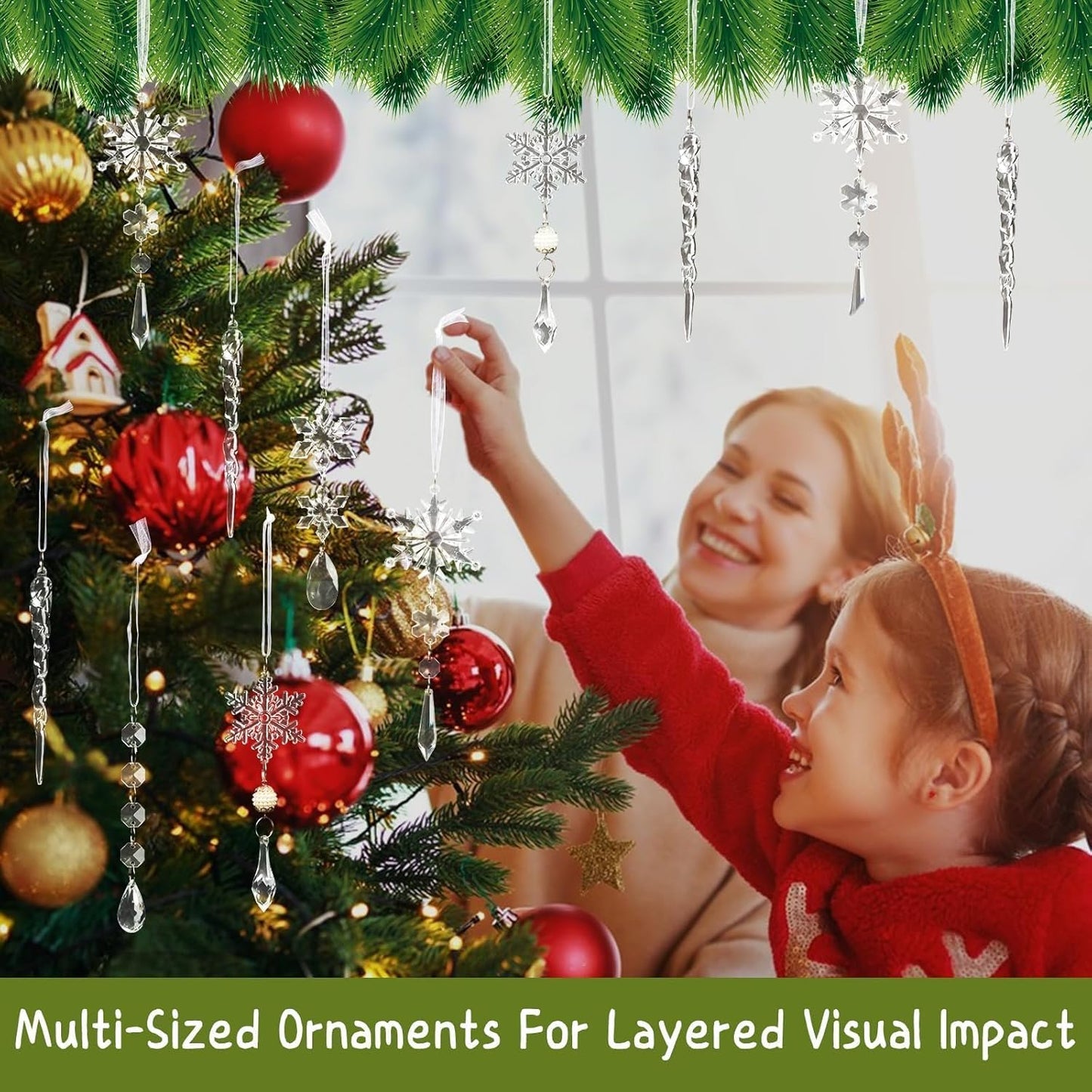 Christmas Tree Decoration Crystal Ornaments - 32pcs Acrylic Christmas Ornaments Snowflake Icicle Drop Crystal Hanging Ornaments for Xmas Tree Winter Holiday Frozen Party Decorations