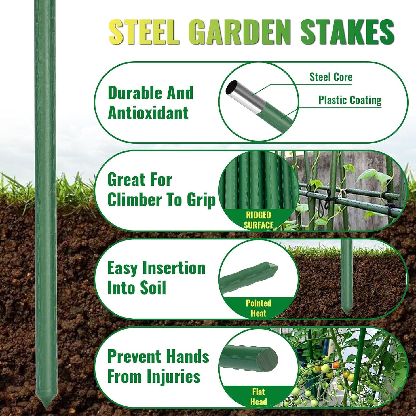 Premium Garden Stakes 58 Inch 5ft 25 Pack, Heavy Duty Tomato Plant Stakes for Outdoor Plants, Rust Resistant Metal Garden Poles and Sticks for Vegetables, Flowers, and Climbing Plants (green, 58 Inch)