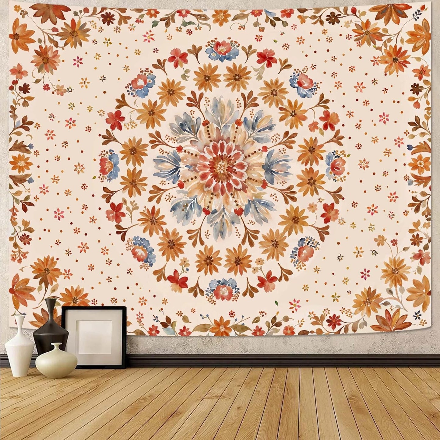 Boho Floral Mandala Tapestry Wall Hanging Watercolor Bohemian Flower Medallion Tapestry Aesthetic Beige Orange Hippie Indian Extra Large Tapestries for Bedroom Living Room Dorm Decor 90 x 68 Inch