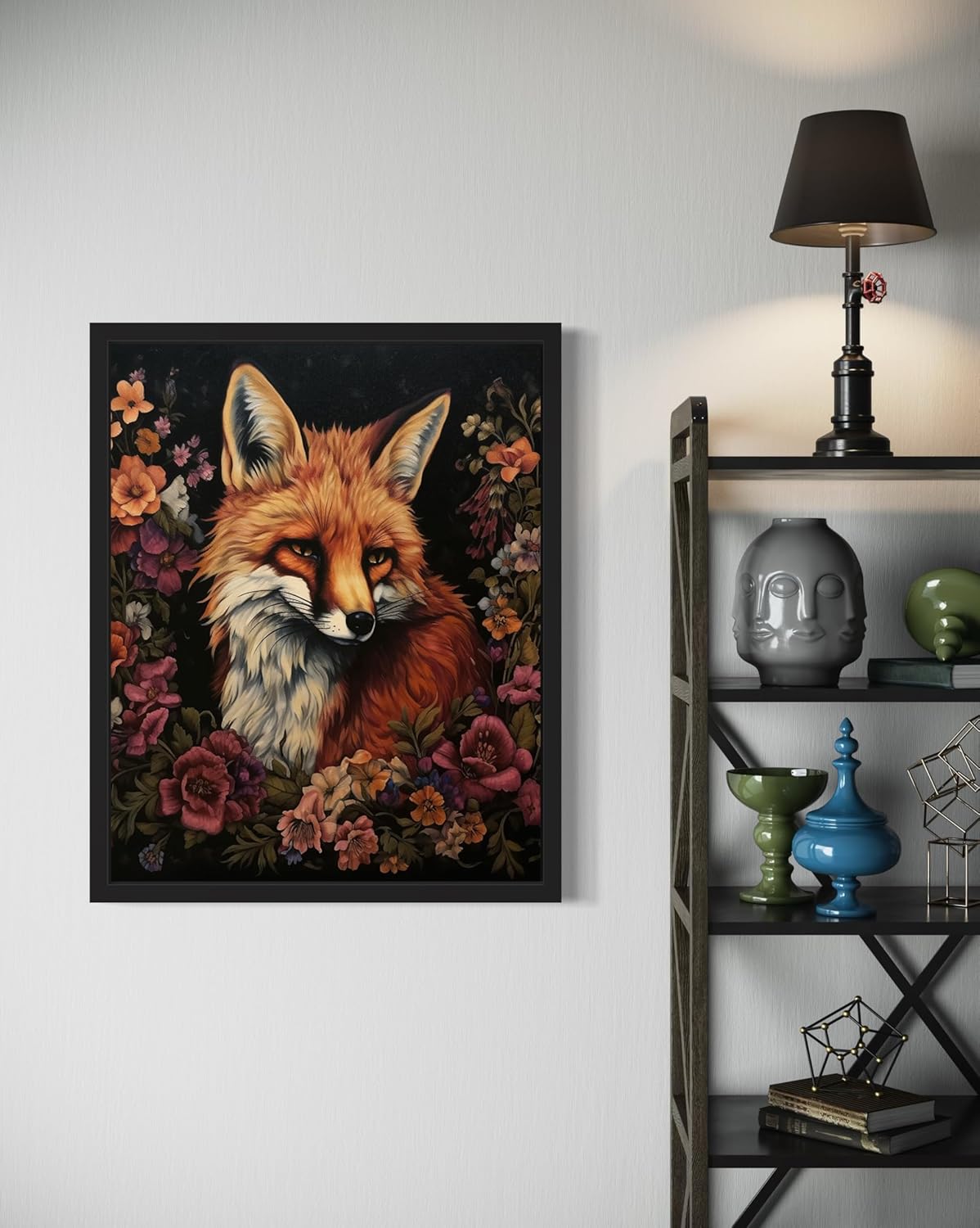 Fox and Flower Poster Art Print, Halloween Scary Vintage Wall Art Academia Spooky Painting Decoration for Horror Prints, Gothic Posters Bedroom Decor 89 (Fox and Flower, 16 x 20 inches, Black Frame)