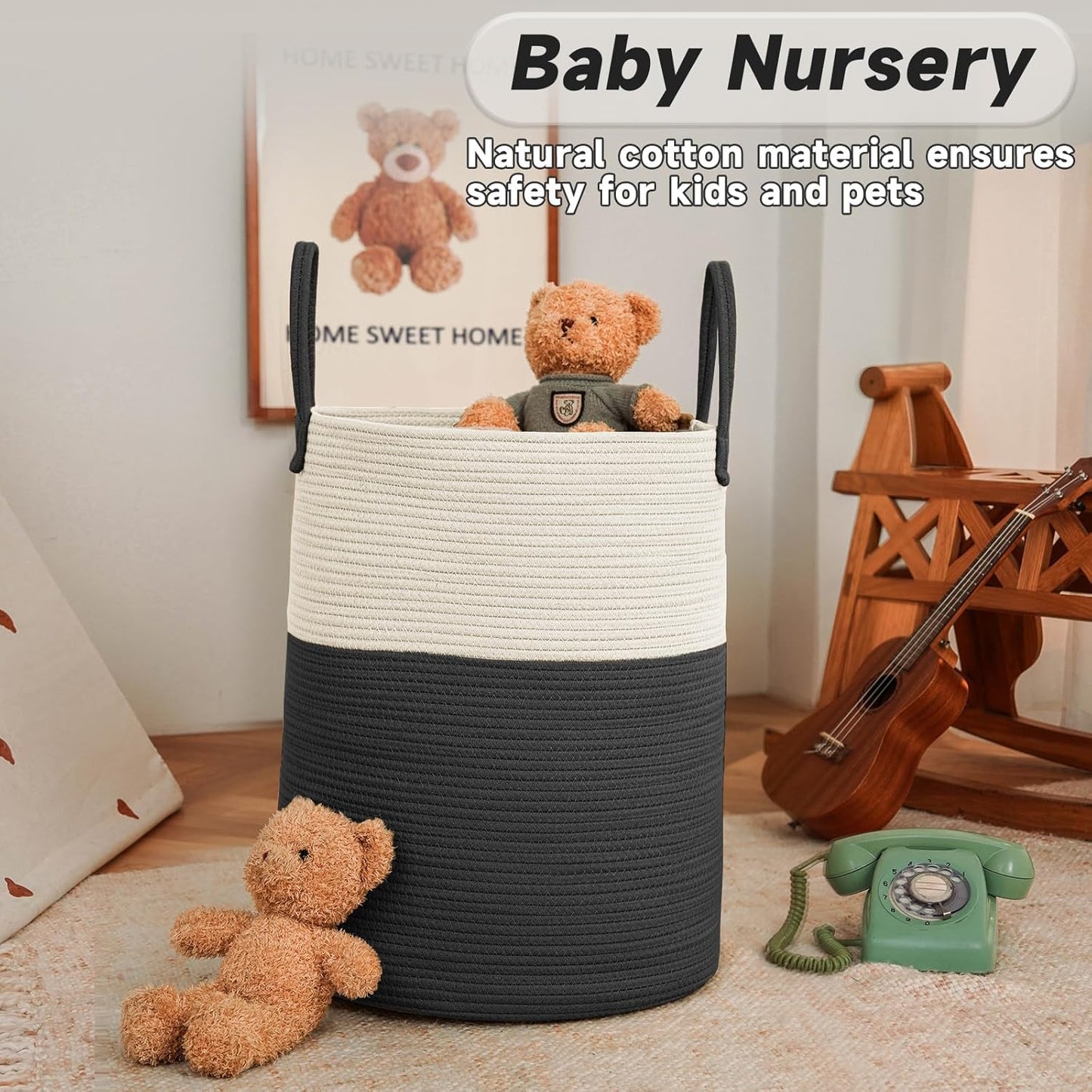 Large Woven Laundry Basket Hamper,80L Cotton Rope Storage Bin for Blankets,Toys and Clothes,Decorative Tall Nursery Hamper for Living Room,Baby Nursery,Bathroom and Bedroom,White and Black