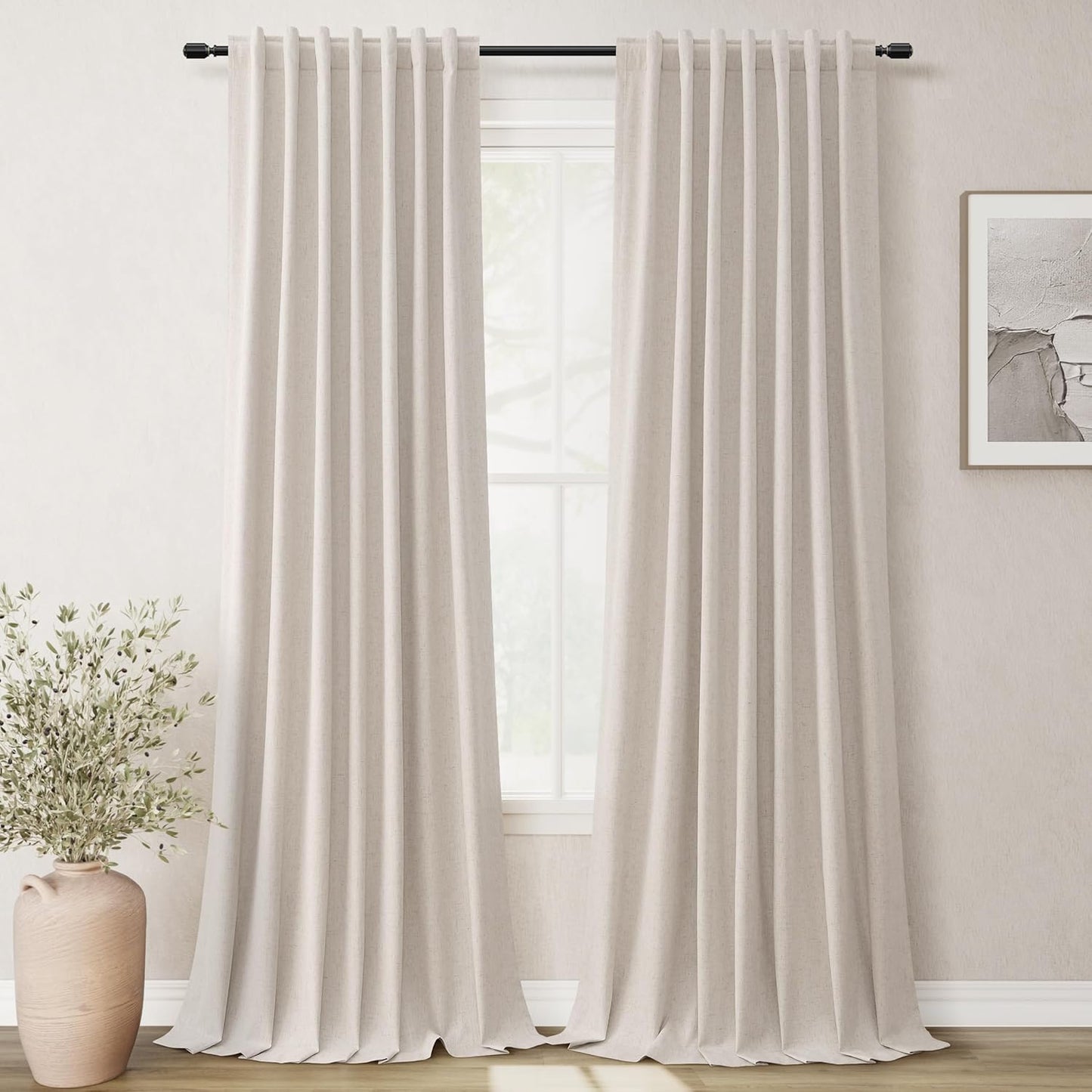 BOODII Room Darkening Curtains 120 Inch Back Tab Thermal Insulated Black Out Linen Drapes Extra Long Blackout Curtains for Patio Door Large Window Ceiling to Floor Light Blocking Sand Beige 52x120