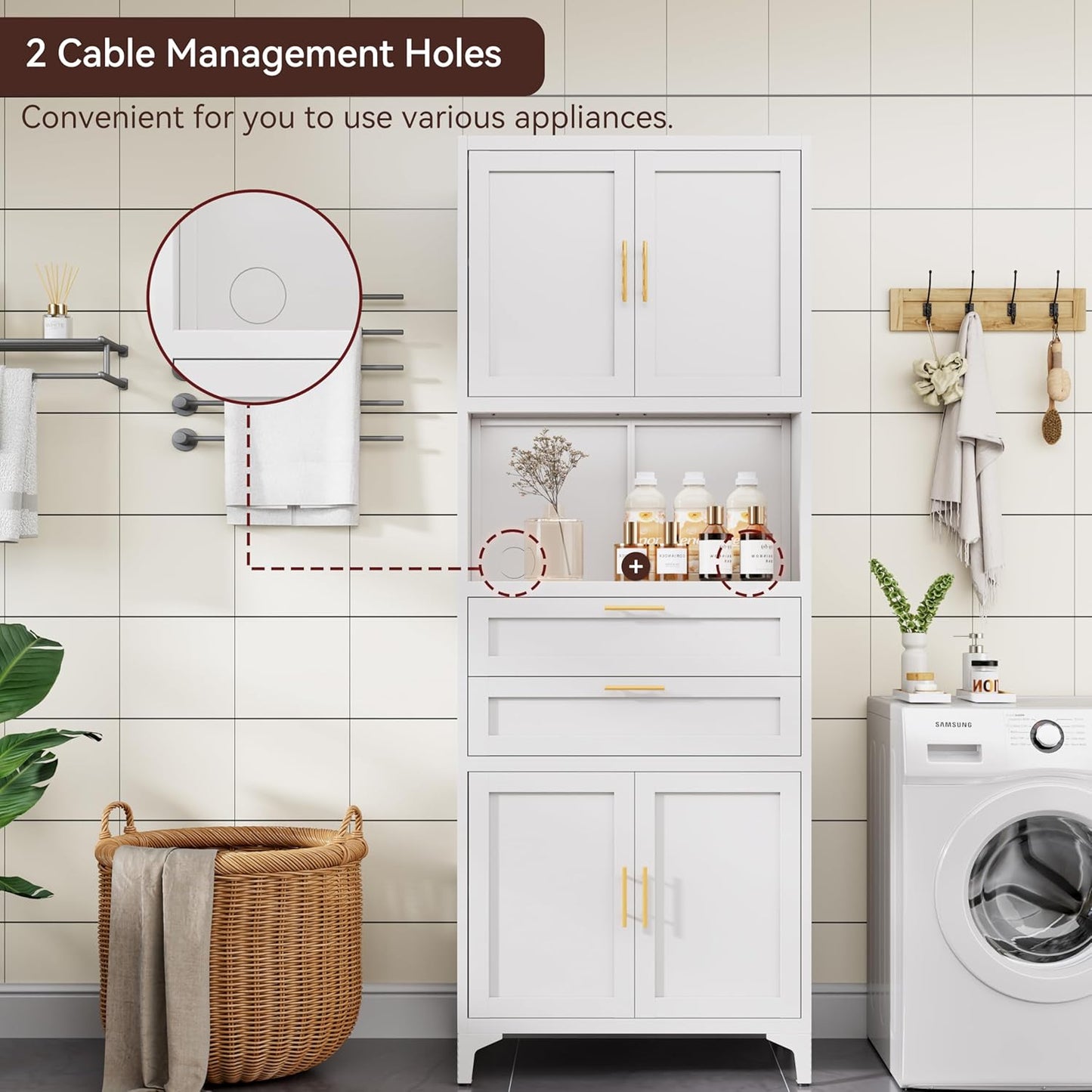 75” Tall Kitchen Pantry Storage Cabinet, Metal Bathroom Storage Cabinet with 2 Drawers and Adjustable Shelves, Kitchen Pantry Cupboard, Freestanding Cupboard for Bathroom, Living Room (White)