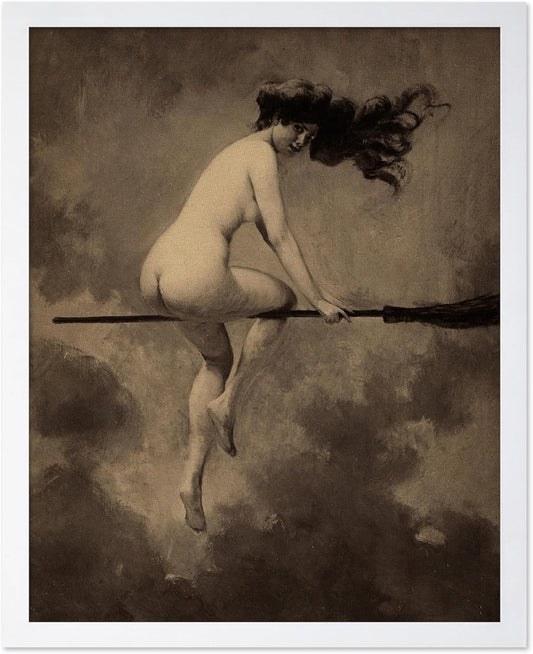 Poster Master Vintage Albert Joseph Penot Poster - Retro Halloween Print - Gift for Artist, Friend - Departure for the Sabbath, Naked Witch on Broom - Wall Decor for Bedroom, 8x10 White Framed