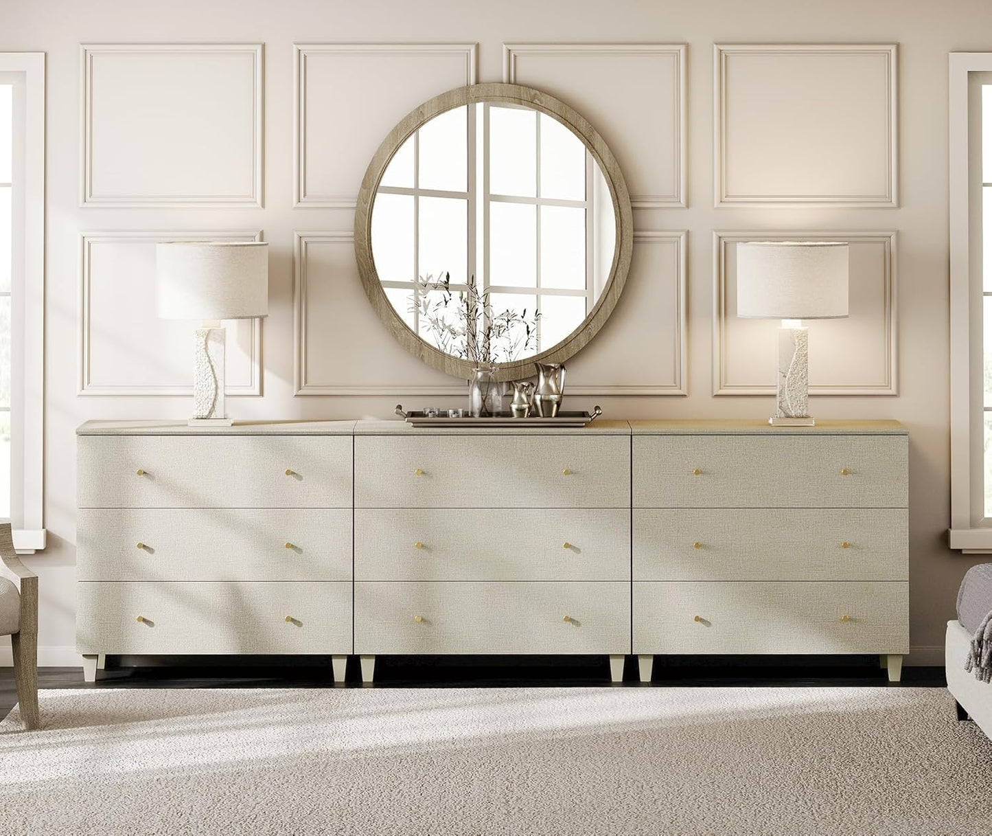 WAMPAT Dresser with 9 Drawers for Bedroom, 106" Wide Wooden Chest of Drawers, Modern Long Dressers Closet Storage Organizer with Solid Wood Legs for Living Room, Kids Room, Nursery, Beige