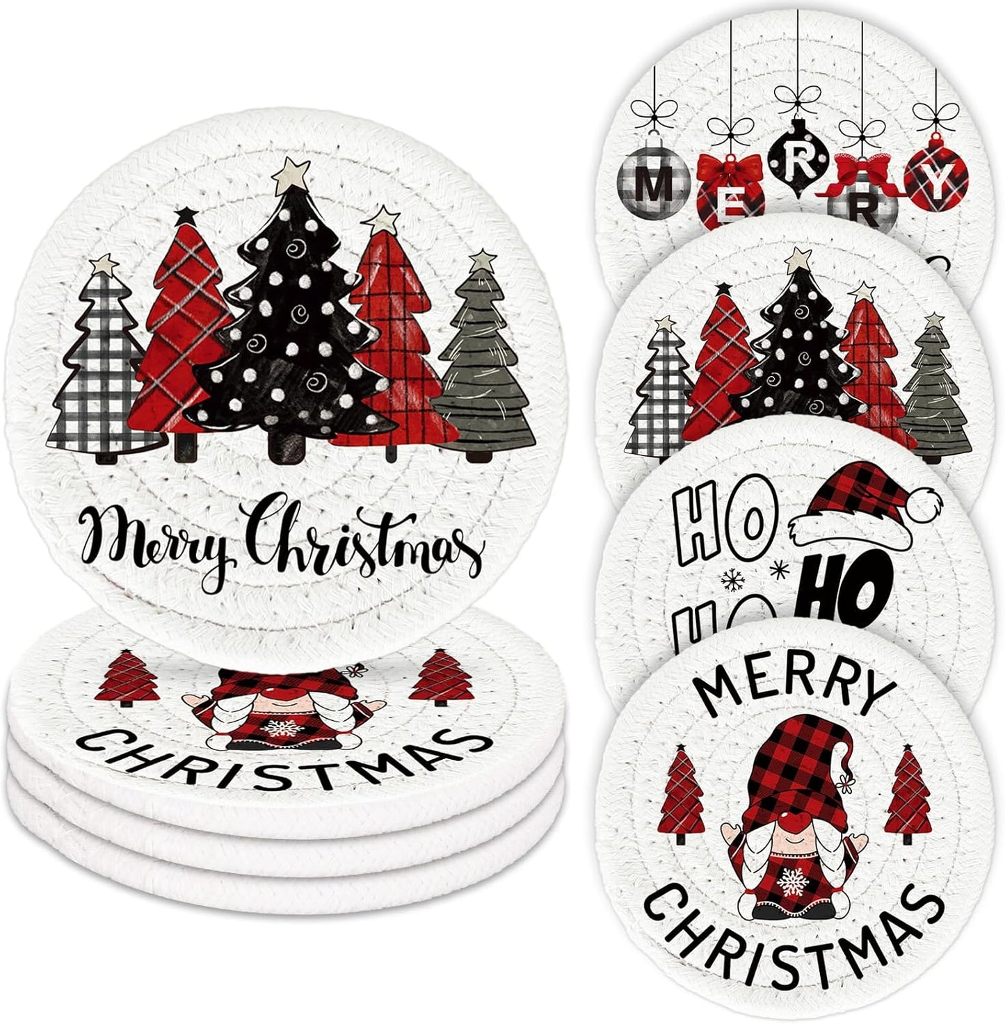 Whaline Merry Christmas Cotton Coasters Xmas Plaid Tree Gnome Handmade Braided Drink Coasters Absorbent Cup Mats for Christmas Holiday Party Home Table Decor, Set of 4