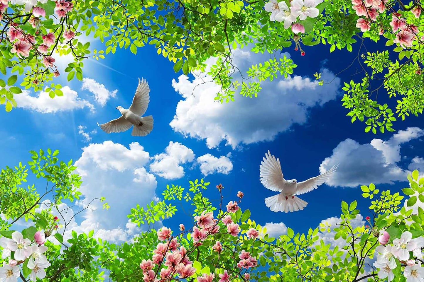 Green Plants Wrapped in Pigeons Flying Freely Under The Blue Sky and White Clouds Wallpaper for Large Background Wall murals(Non-self-Adhesive)