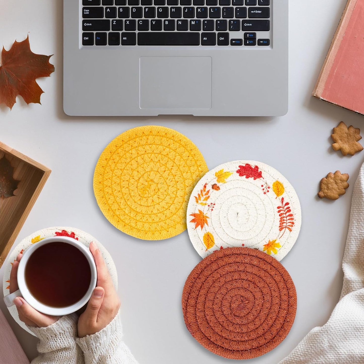 Whaline Fall Coasters Maple Leaves Handmade Braided Cotton Drink Coasters Orange Yellow Non-Slip Absorbent Cup Mats for Autumn Thanksgiving Table Protection Birthday Housewarming Gift Home Decor, 4Pcs