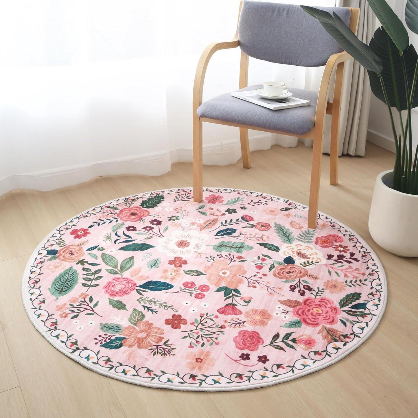 Round Rug 6ft Washable Circle Rug Non Slip Low Pile Boho Floral Small Circular Rug for Bedroom, Bathroom, Entryway, Kids Room, Office, College Dorm(Pink)