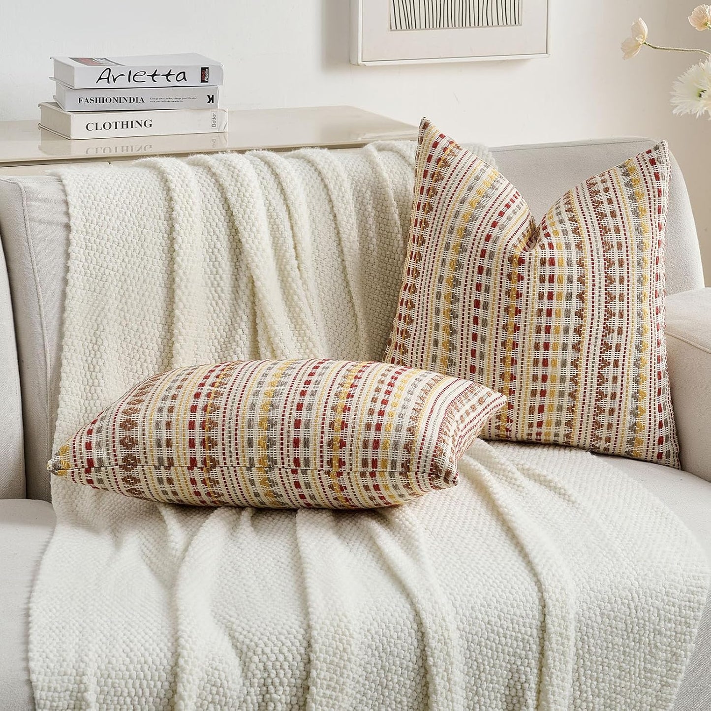 FUTEI Brown Red Decorative Throw Pillow Covers 24x24 Inch Set of 2,Soft Cozy Chenille Jacquard Textured Euro Pillow Shams,Boho Home Decor for Couch Bed Living Room