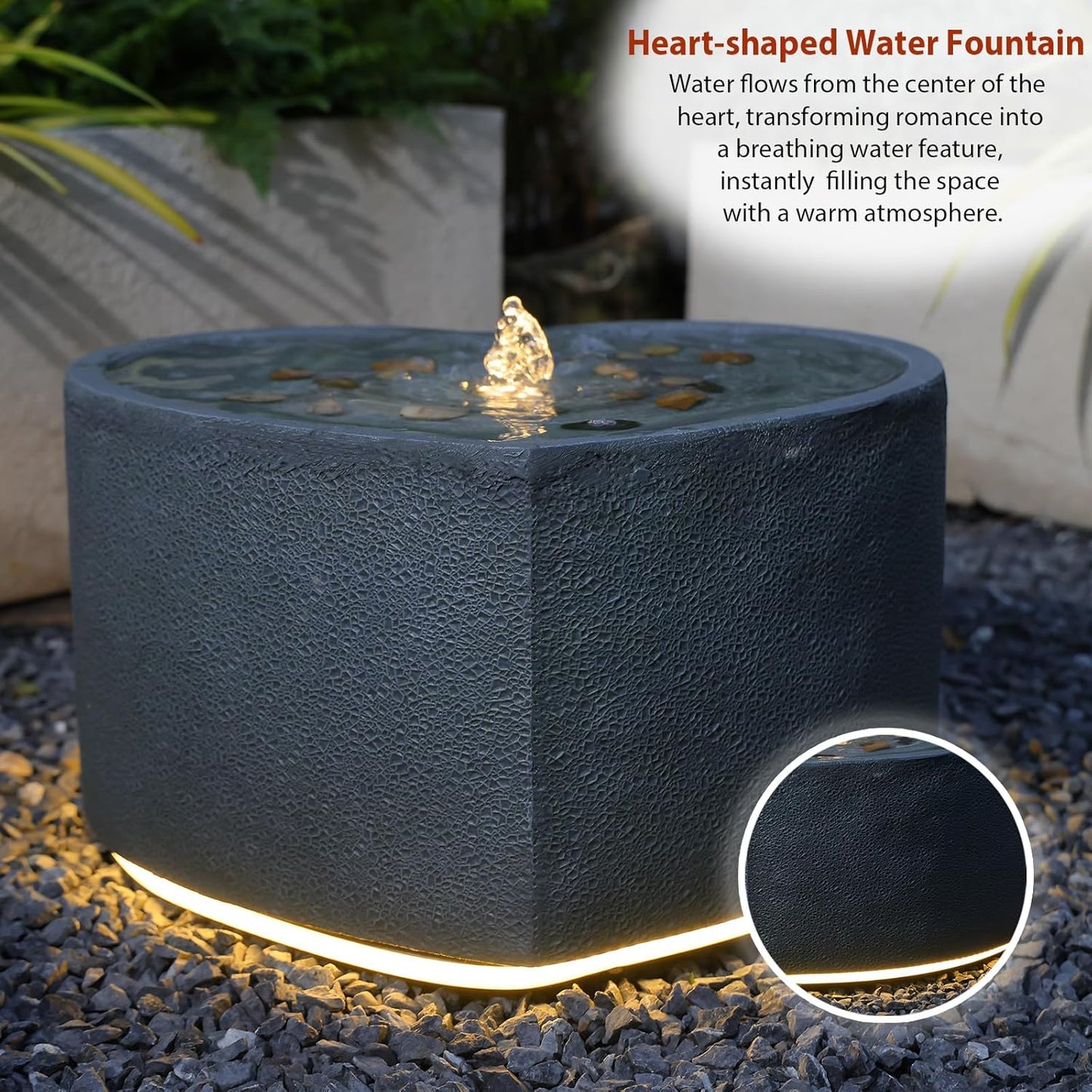 Water Fountain Outdoor Garden Heart Shaped Bubble Up Fountains Indoor Water Feature with LED Lights & Pump for Patio, Balcony, Courtyard, Terrace, Porch Decoration,15.75 Inch H