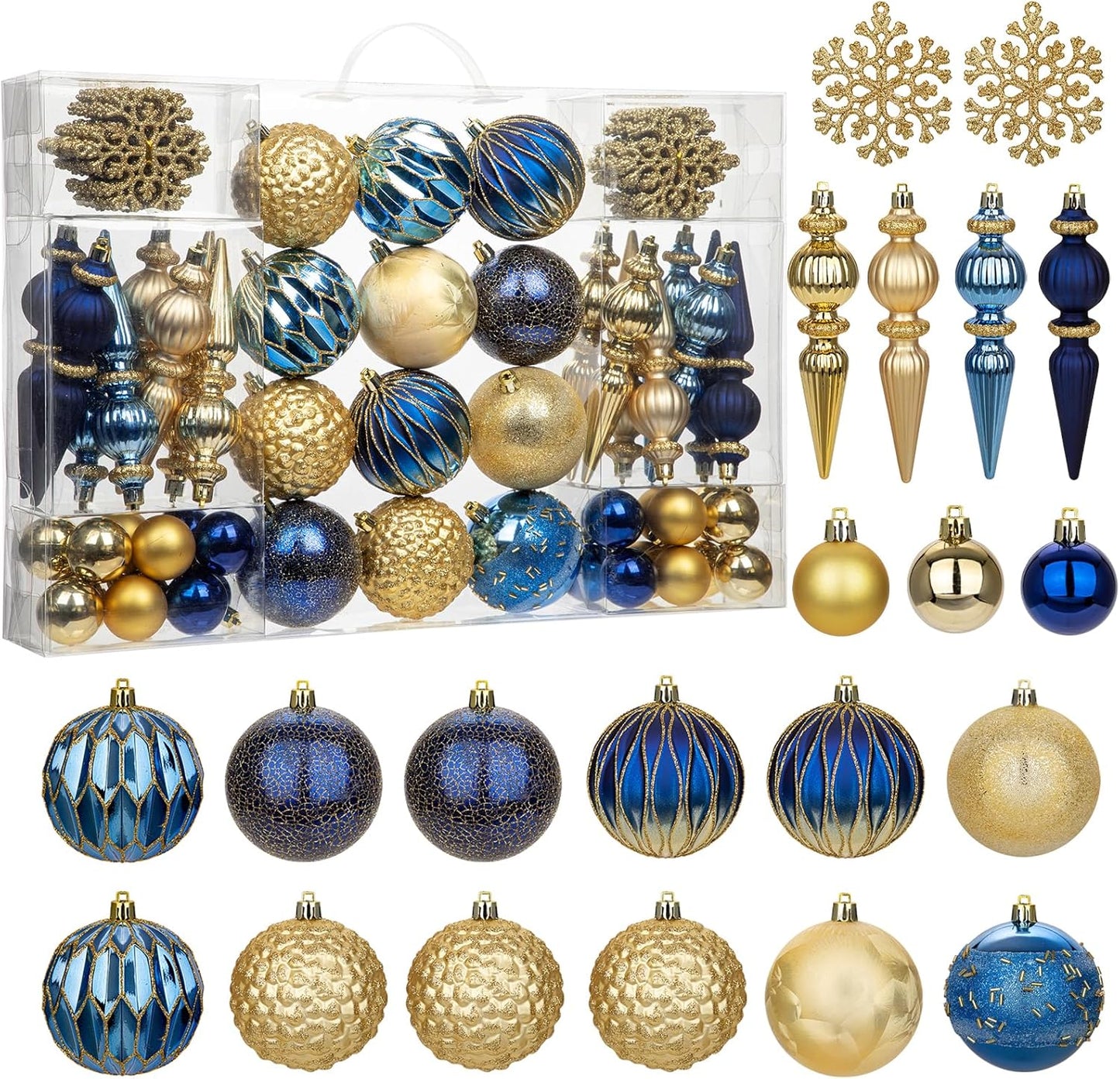 92ct Christmas Tree Decoration Set Christmas Ball Ornaments with Srtings Shatterproof Christmas Baubles for Christmas Holiday Wreath Garland Party Decoration, Blue-Gold