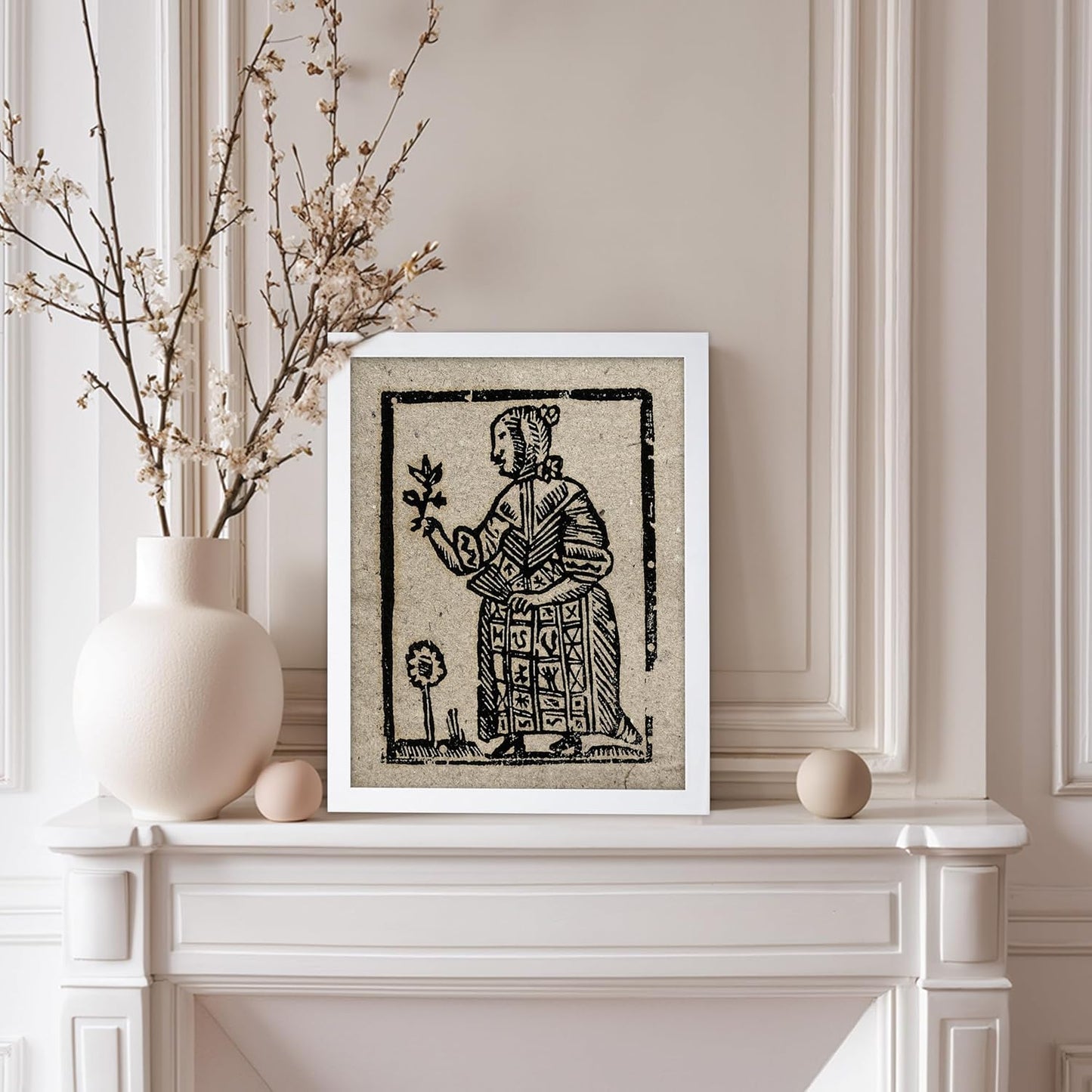 Poster Master Vintage Woodcut Poster - Retro Medieval Print - Gift for Gothic, Horror Fan - Witch Holding a Plant, Magic, Spell, Herbalist - Wall Decor for Bedroom, Dorm, 11x14 White Framed