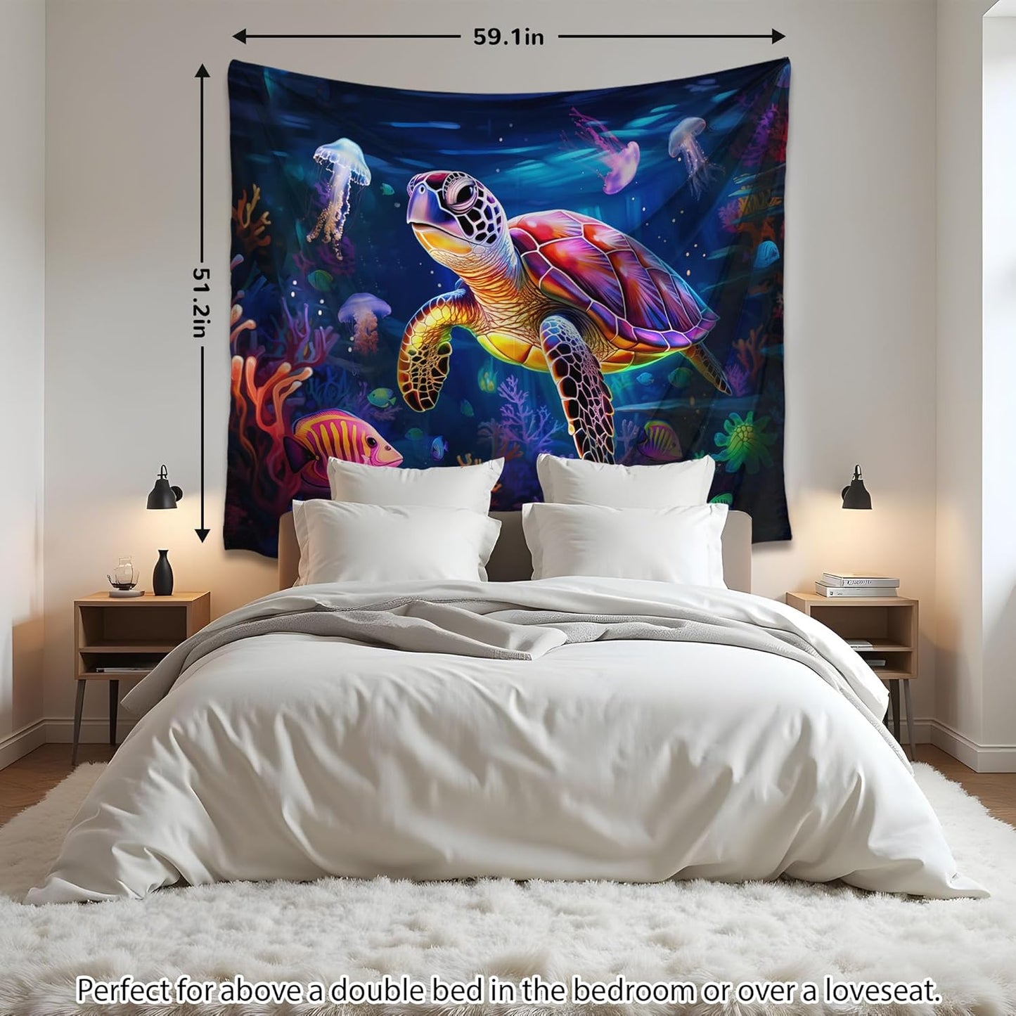 QGHOT Turtle Tapestry, Blacklight Ocean Wall Hanging Undersea Black Light Poster for Kids Glow in the Dark Kids Tapestry for Bedroom Children Toddler Room Decor 60x50in