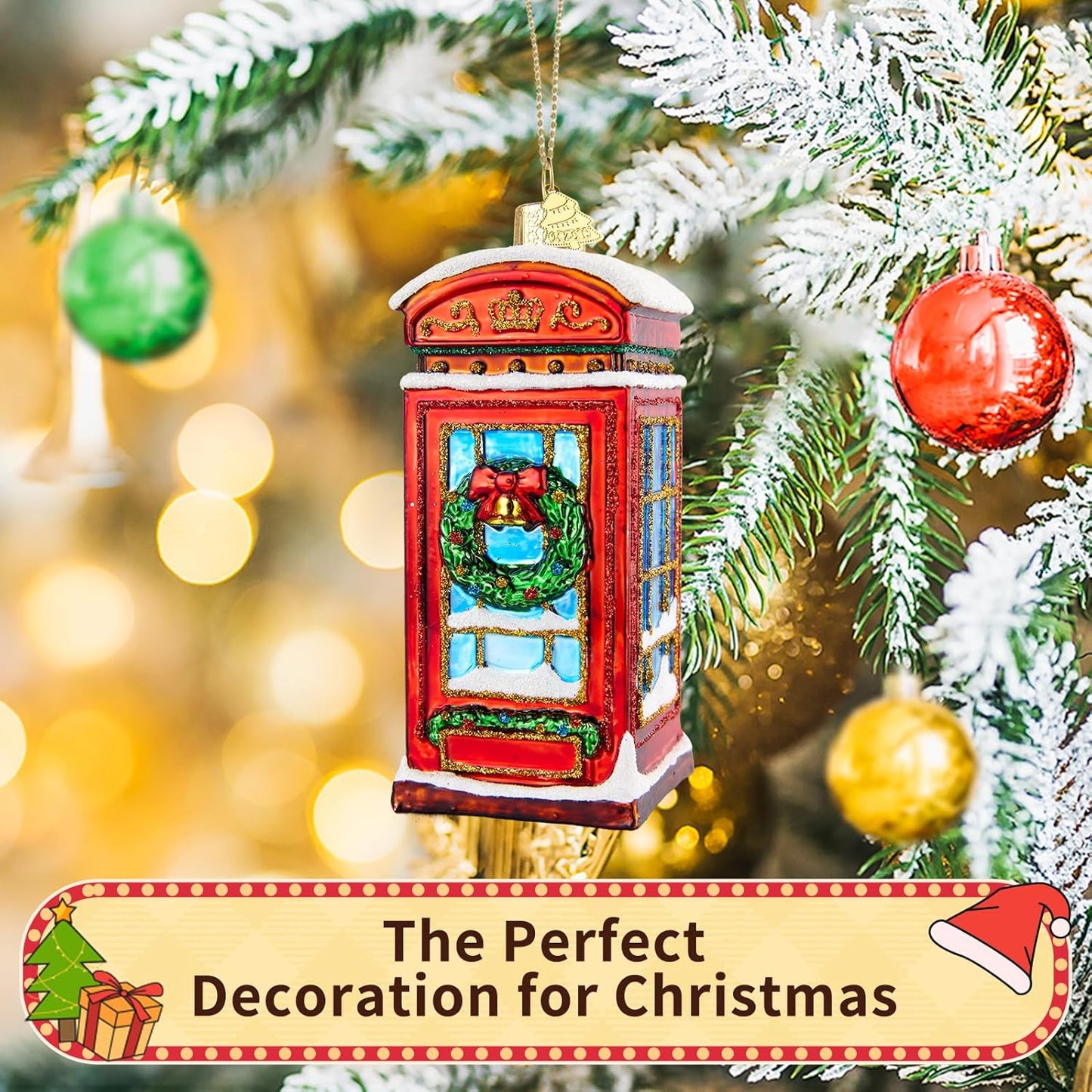 Telephone Booth Christmas Tree Ornaments,Hand-Blown Glass Ornaments,London Phone Booth Watcher Collection Figurines Hanging Ornament,Christmas Decorations for Holiday Party Home Gift