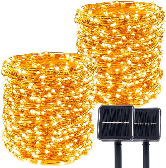 Solar String Lights for Outside,2Pack 66FT 200 LEDs Solar Fairy Lights,Waterproof 8 Modes Button Outdoor String Light for Patio Garden Backyard Tree Wedding Christmas,Copper Wire,Warm White