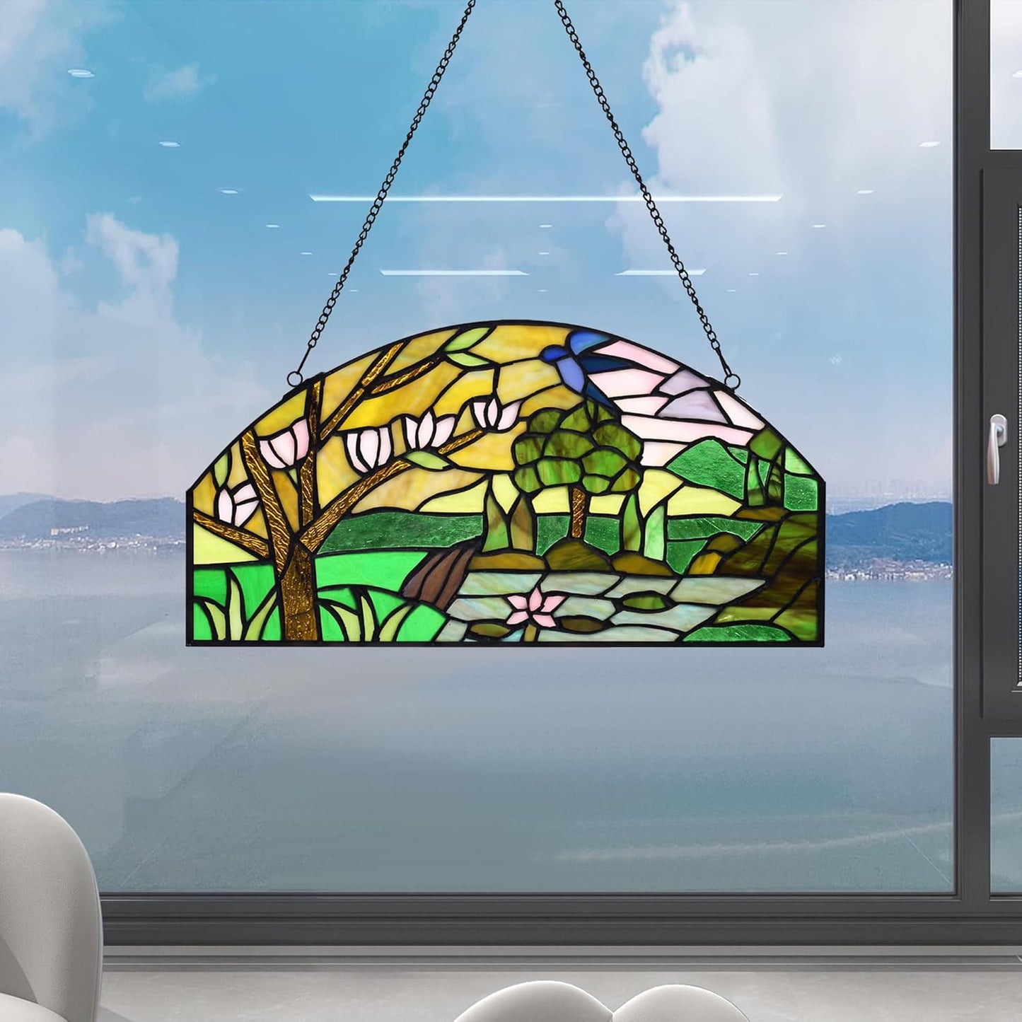 YOURANJU Half Moon Stained Glass Window Hanging Tiffany Style 16" x 8" Half-Round Window Panel Housewarming Gift Living Room Bedroom Kitchen Window Decorative Hangings with Chain (Tree)