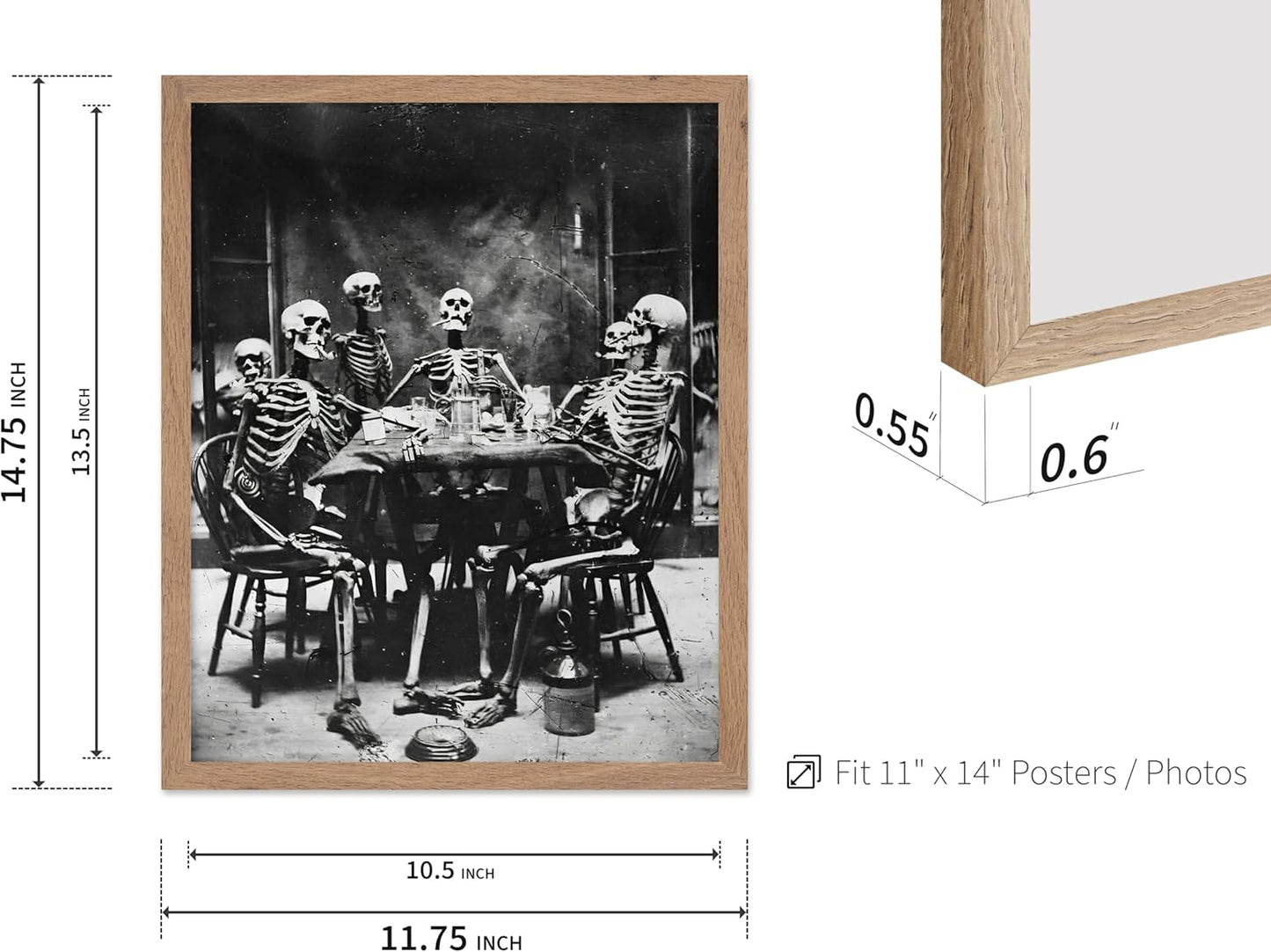 Poster Master Vintage Photograph Poster - Retro Daguerreotype Print - Gift for Artist, Friend - Skeletons Smoking at Table, Dinner Party, Goth - Wall Decor for Home, Dorm, 11x14 Beige Framed