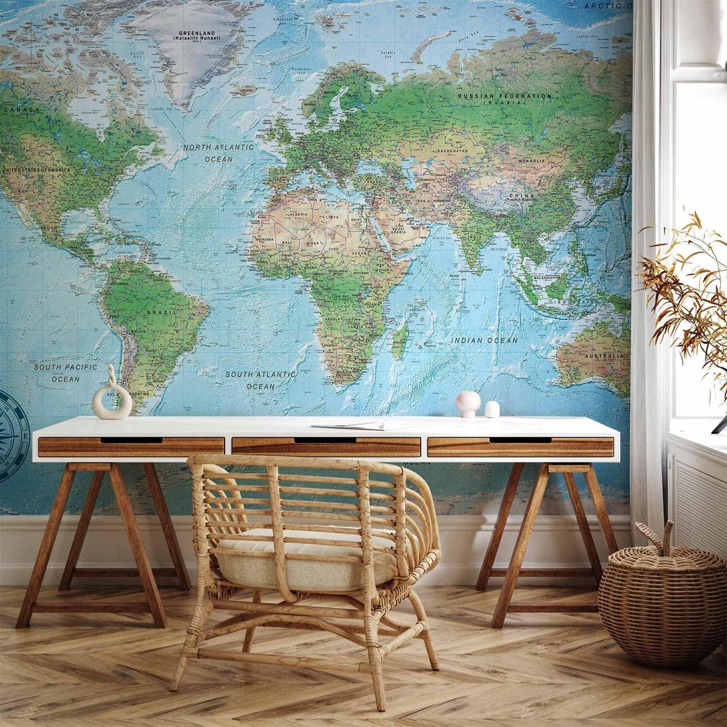 artgeist Wall Mural World Map 193x138 in - XXL Peel and Stick Self-Adhesive Wallpaper Removable Large Sticker Foil Wall Decor Print Picture Image Design Map of The World k-A-0127-a-a