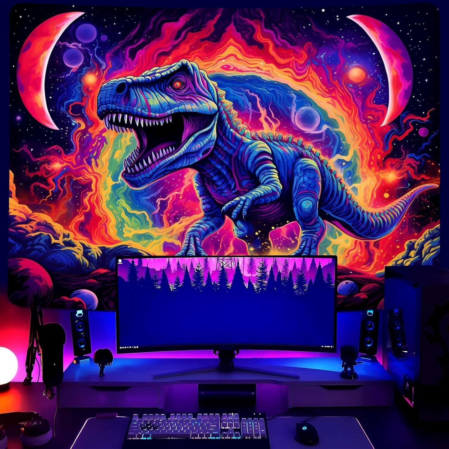 Dinosaur Tapestry Blacklight, Black Light Dinosaur Posters for Boys Room Uv Cool Dino Kids Tapestry for Teen Bedroom Home Decor 60x50in
