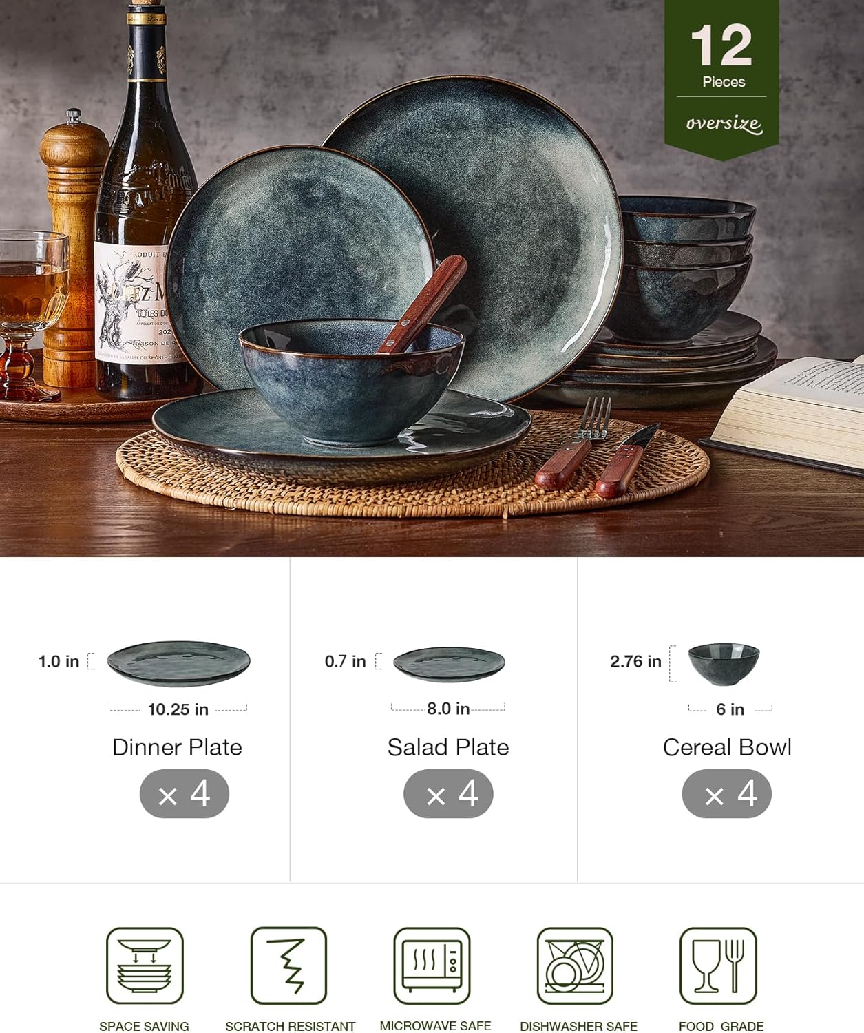 Famiware Dinnerware Sets for 4, Ocean Round 12-Piece Kitchen Plates and Bowls Sets, Reactive Glaze, Microwave and Dishwasher Safe, Scratch Resistant, Deep Forest