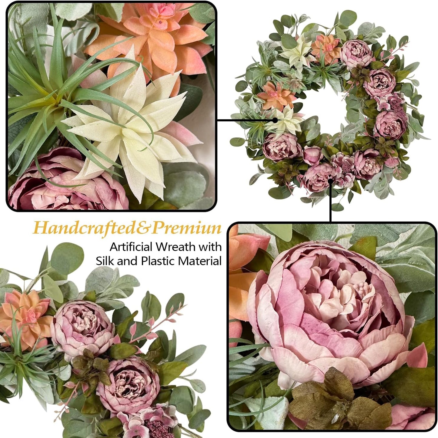 WANNA-CUL 24 Inch Spring Peony Wreaths for Front Door,Succulent Summer Wreath with Pink Peony Floral, Spring Front Door Decor with Succulent Arrangement Decoration