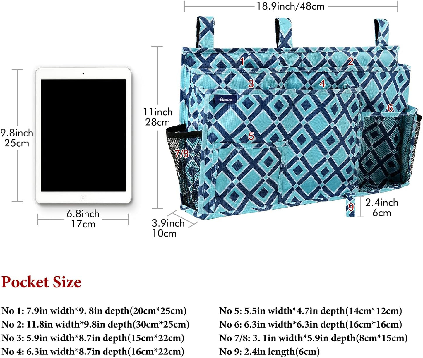 Surblue Bedside Caddy Hanging Bed Organizer Storage Bag Pocket for Bunk and Hospital Beds, College Dorm Rooms Baby Bed Rails, Camp 8 Pockets, (Large, Blue Plaid)