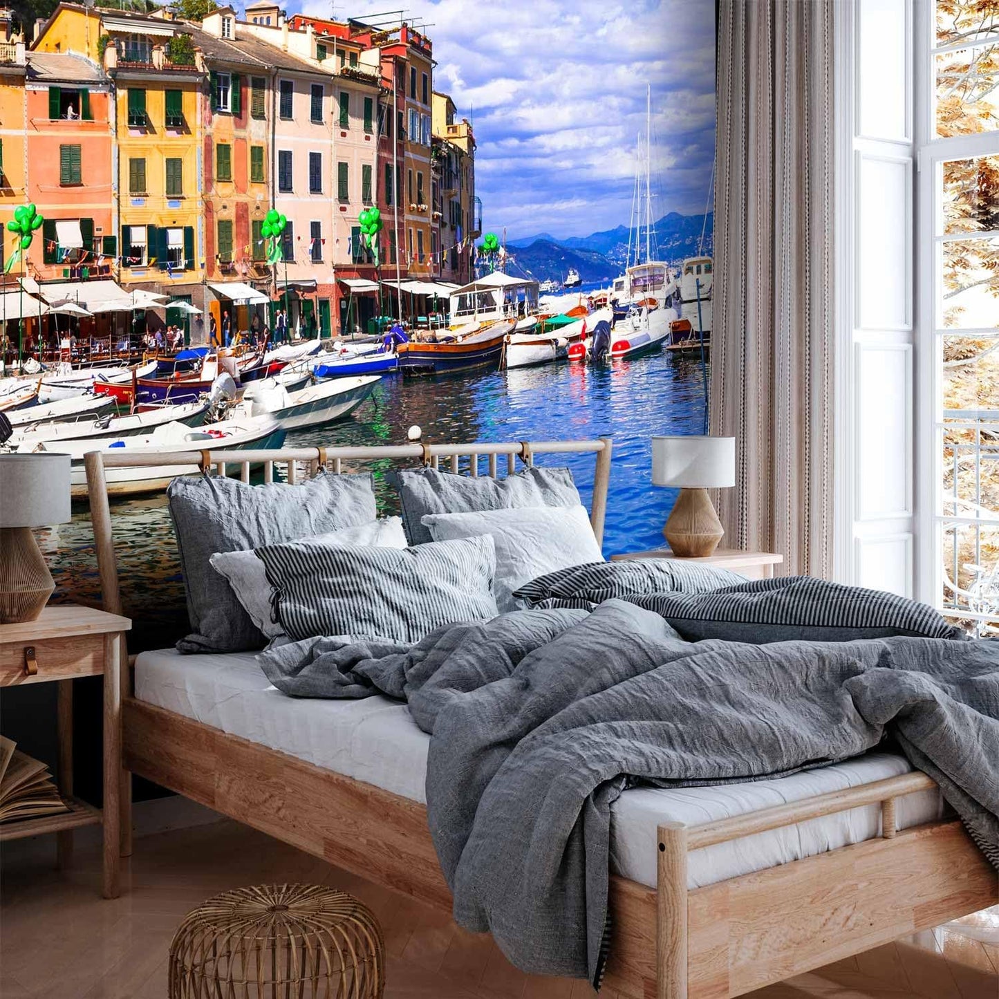 artgeist Premium Wall Mural Architecture 216x98 in - Non-Woven Photo Wallpaper Art Print Fleece Wall Mural Decoration Poster Picture Design City Lake Boat Like Painted d-B-0297-a-a