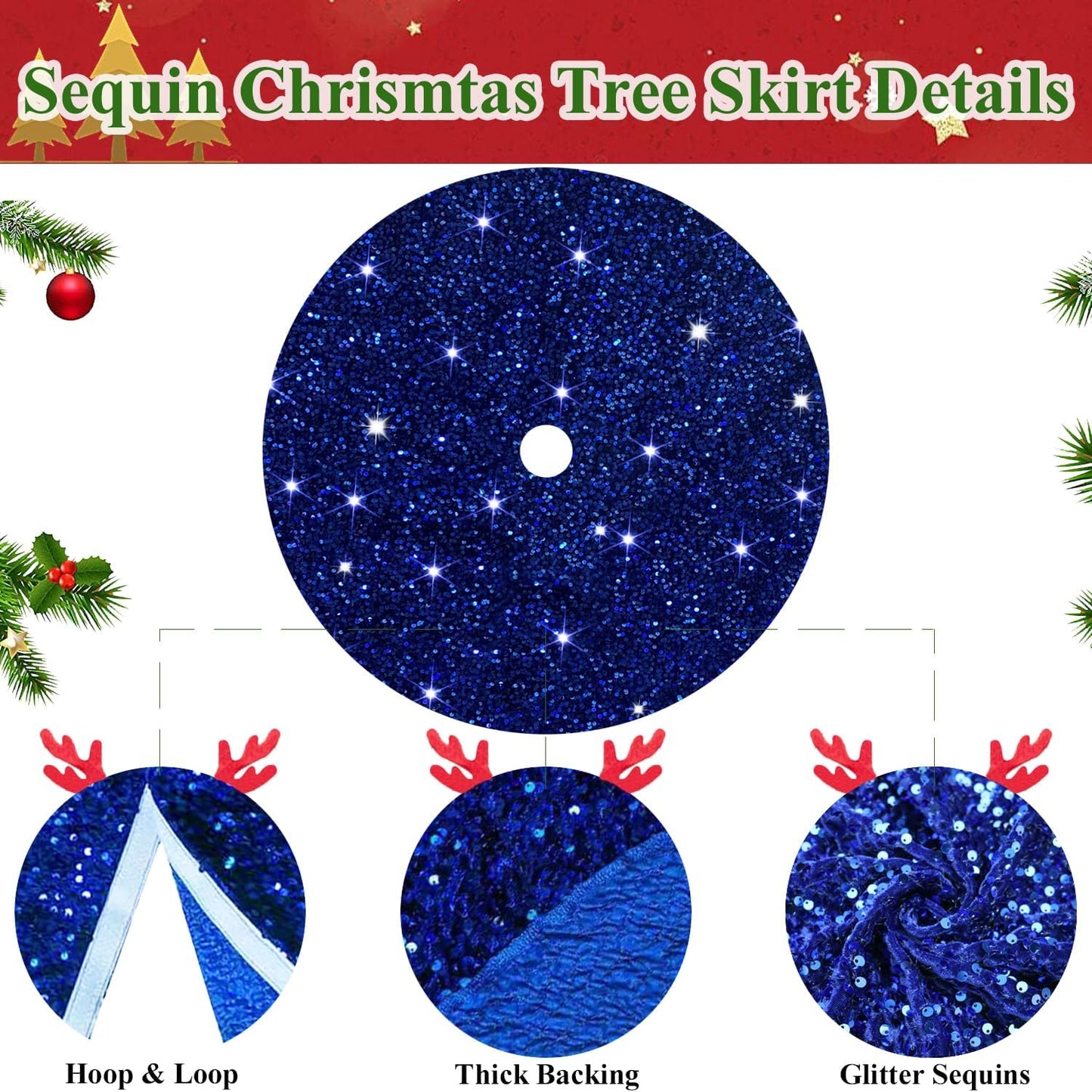 MODFUNS Sequin Tree Skirt Royal Blue Christmas Tree Skirt 60 Inch Velvet Fabric Large Xmas Tree Mat Glitter Tree Skirts Luxury Christmas Tree Skirts Sparkly Tree Cover Skirt Xmas Holiday Decor