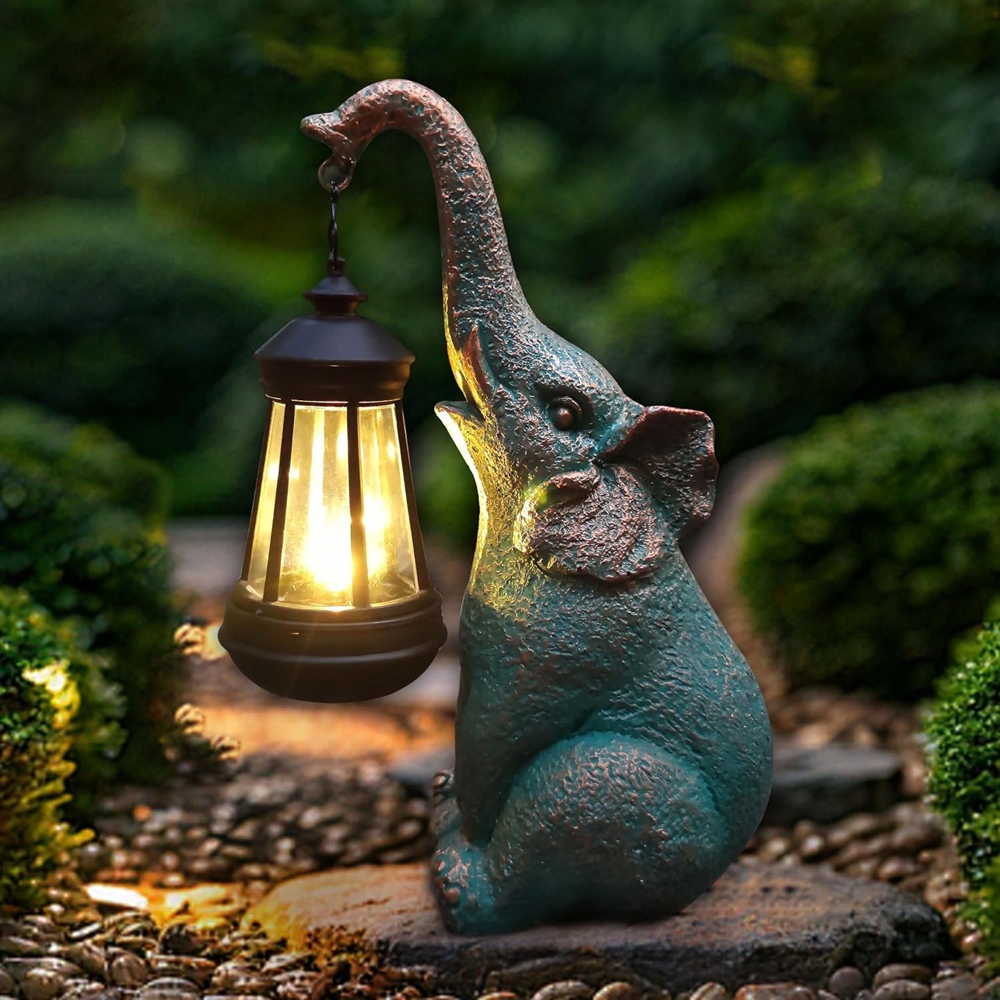 Elephant Garden Statue Outdoor Décor with Solar Lights Lantern,Elephant Solar Light Figurines Outside Decorations for Yard，Lawn Patio, Balcony, Unique Housewarming Gifts
