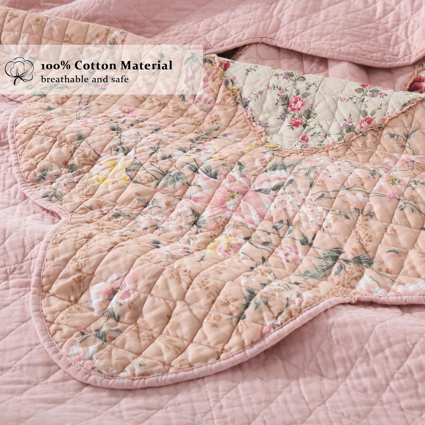 Yvooxny Quilts King Size Patchwork Pink Floral Quilt Set Vintage Shabby Chic Botanical Floral Quilted Bedspread 3-Piece Quilt Set with Ruffle for All Seasons, King Size, 106 * 98 Inches