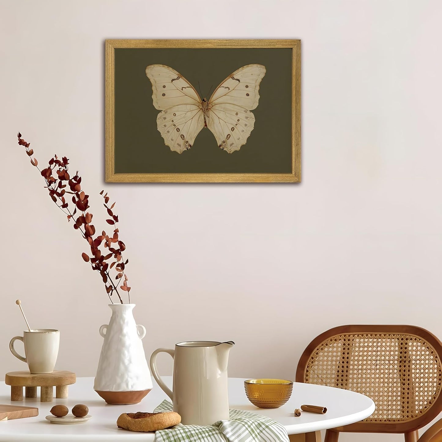 Wood Framed White Butterfly Wall Art, Vintage Butterfly Oil Paintings, Dark Moody Insect Canvas Prints, Boho Sage Green Wall Decor, for Bedroom Kitchen Bathroom Cottagecore Room Decor - 12x16 Inch