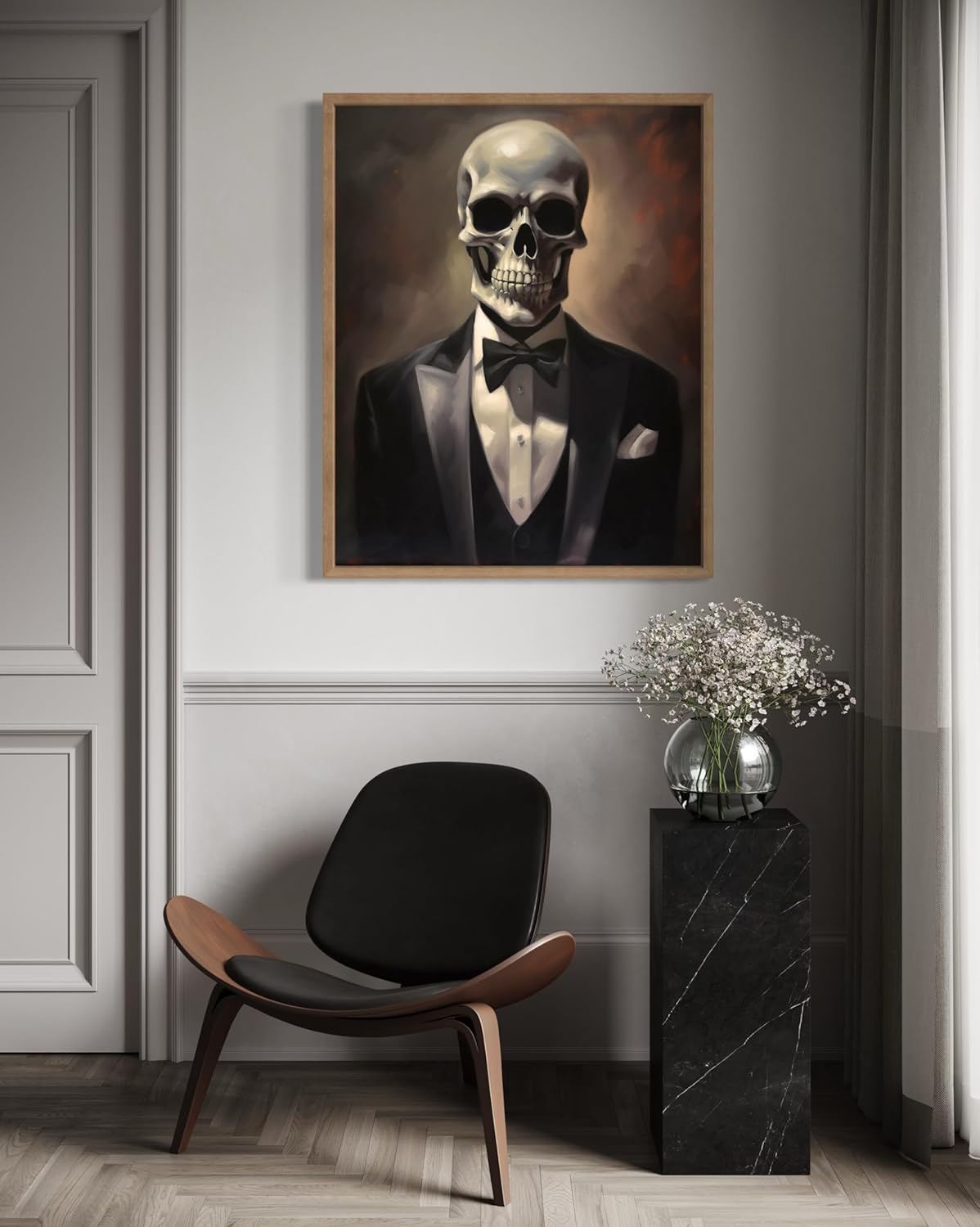 Skull Portrait Poster Art Print, Halloween Scary Vintage Wall Art Academia Spooky Painting Decoration for Horror Prints, Gothic Posters Bedroom Decor 89 (Skull Portrait, 8 x 10 inches, Wood Frame)