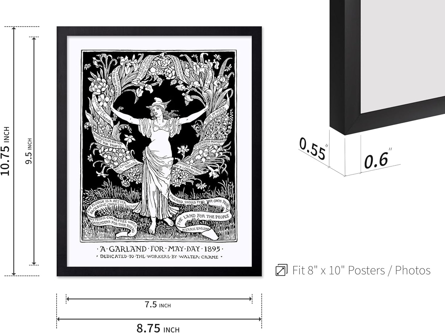 Poster Master Vintage Walter Crane Poster - Retro A Garland for May Day Print - Socialist Art - Gift for Him, Her, Men, Women - Wall Decor for Home, Office, Living Room, 8x10 Black Framed