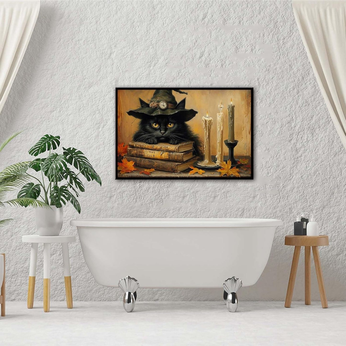 JFHCQJPK Vintage Halloween wall decoration black cat and magic book suitable for home bedroom living room decoration dark classic art witch wall decoration24x36in Metal blackFramed