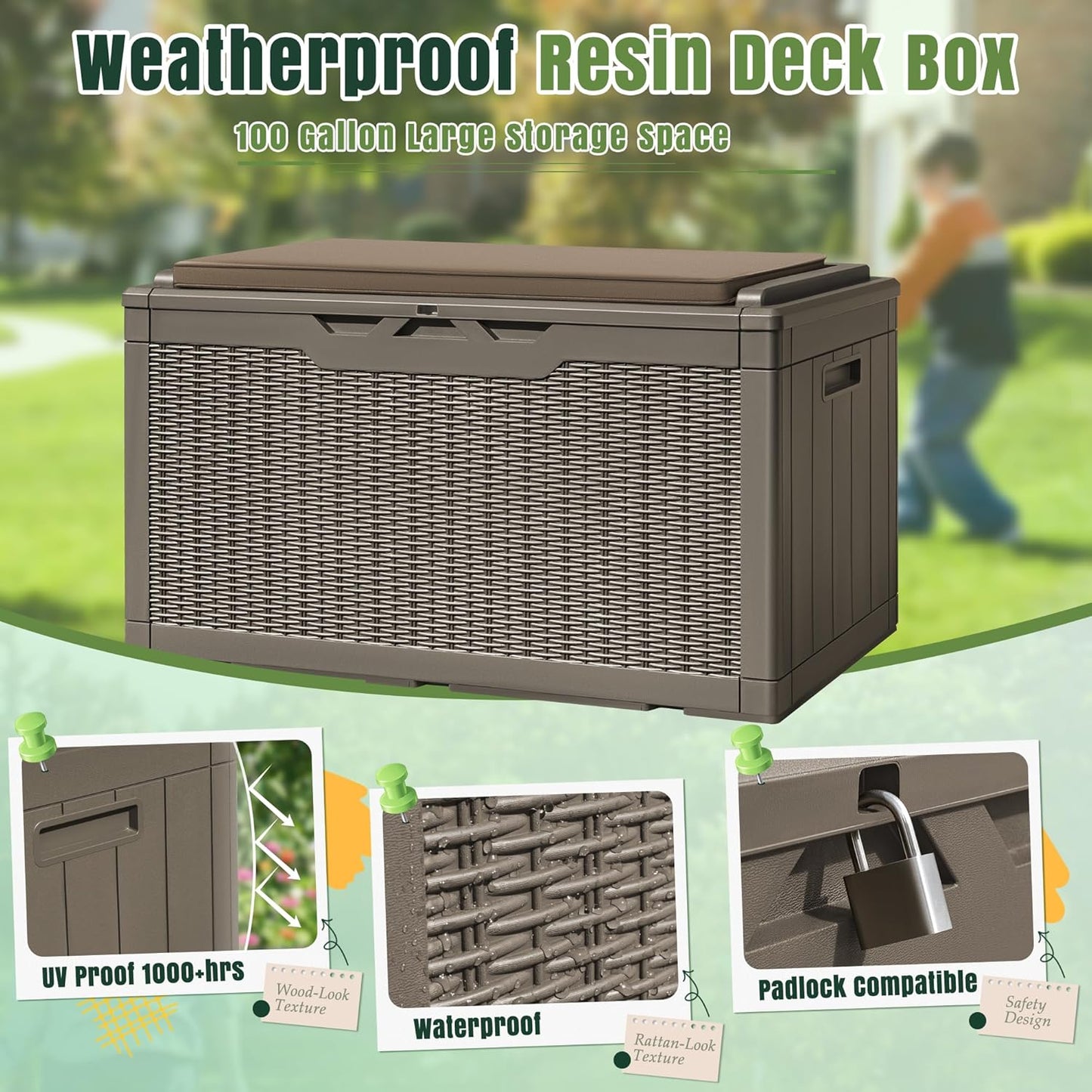 Greesum 100 Gallon Resin Deck Box Large Outdoor Storage with Cushions for Patio Furniture, Garden Tools, Pool Supplies, Weatherproof and UV Resistant, Lockable, Light Coffee
