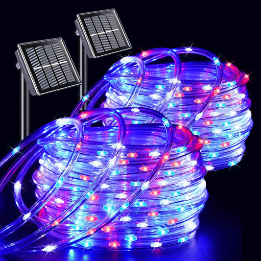 YEGUO 4th of July Decorations Red White and Blue Lights, 2 Packs Each 33ft 100 LED Solar Rope Light with 8 Modes for Patriotic Independence Memorial Day Decor