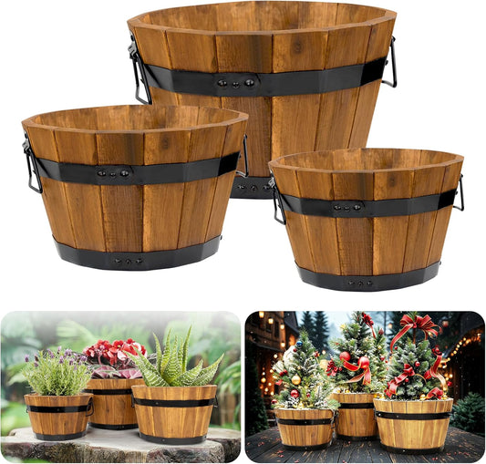 Idzo Set of 3 Wooden Flower Boxes Outdoor, Durable Acacia Wood Barrel Planters for Outdoor Plants with Ergonomic Handles, Drainage Holes, Multiple Sizes Wood Bucket Planter Light Brown