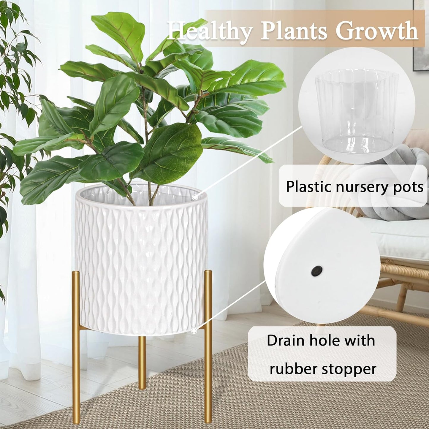 ARNIS Plants Pots with Stand, Set of 2 P lanters, Unique Mid Century Decorative Metal Flower Pots with Drainage, 8.25 & 10.5 Inch, White and Gold