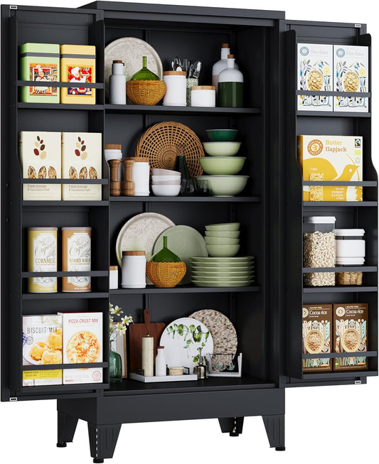 51" H Metal Kitchen Pantry Storage Cabinet, Freestanding Cupboard Storage Cabinet with Doors and Adjustable Shelves, Large Stand Up Food Cupboard for Living Room, Dinning Room, Black