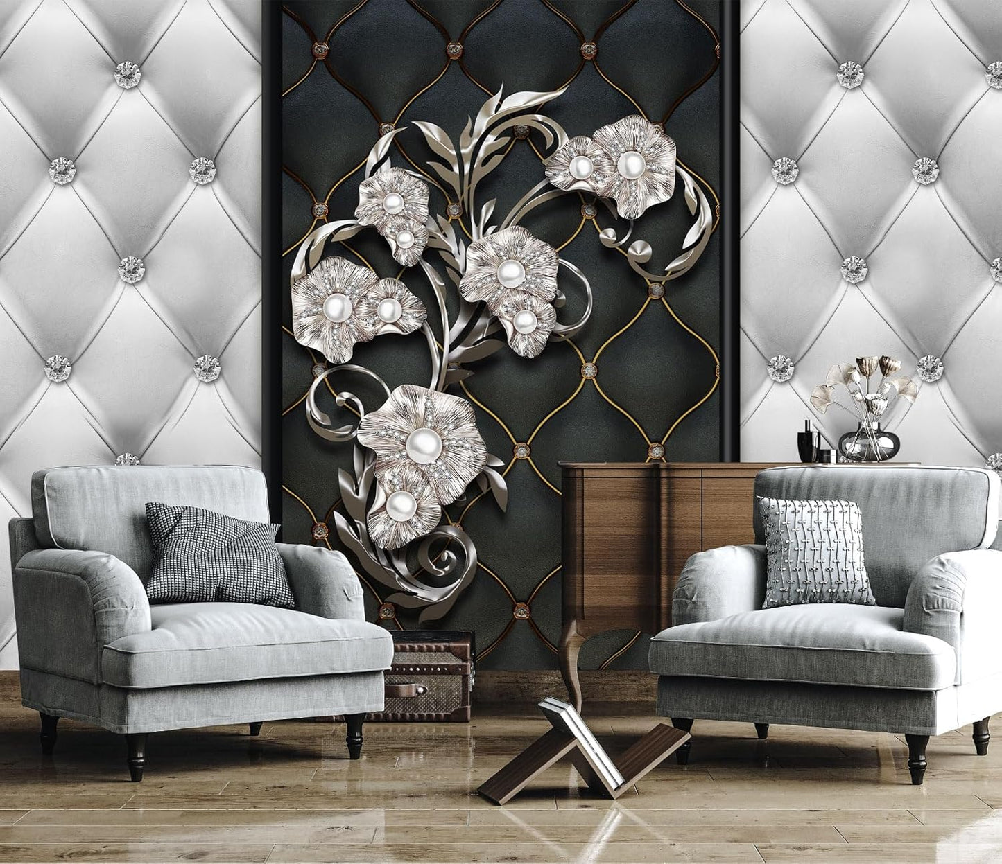 Black and White 3D Diamond Soft Case Faux Leather Wall Mural Wallpaper for Bedroom Living Room Tv Background (Not Peel and Stick)