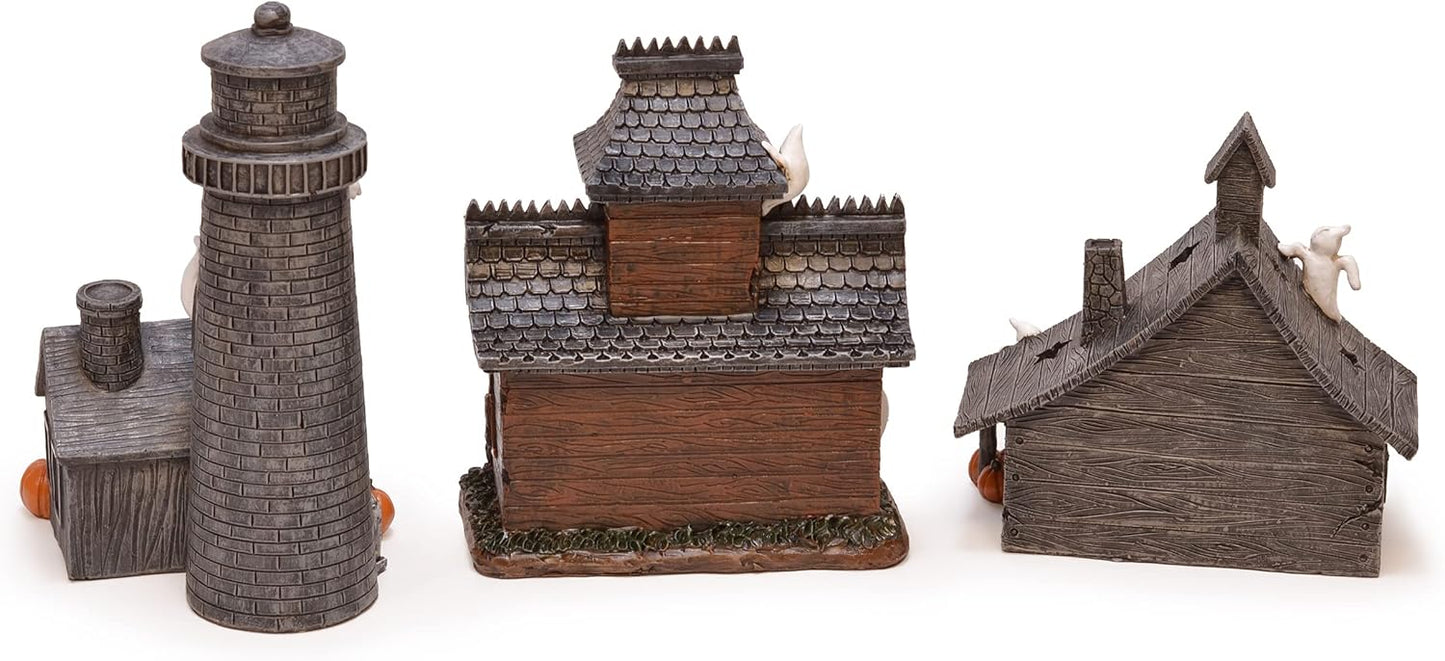 Mark Feldstein & Associates Spooky Halloween Color Changing Pre-Lit LED Haunted House Village Set, 8 Inch, Set of 3